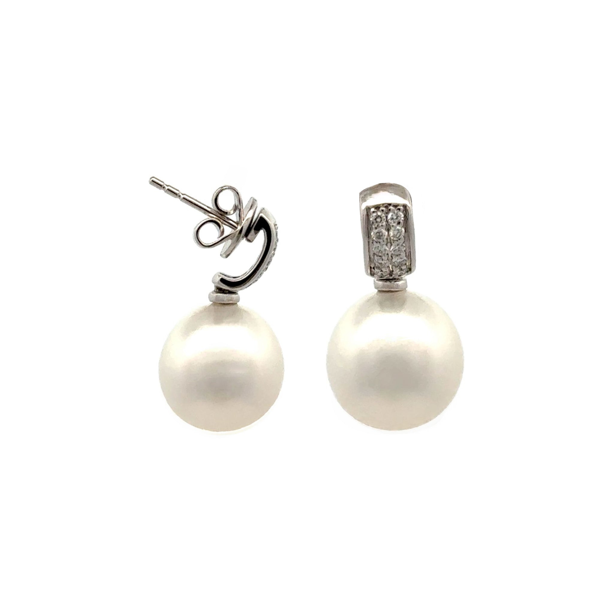 18K White Gold Australian South Sea Cultured 11-12mm Pearl and Diamond Earrings