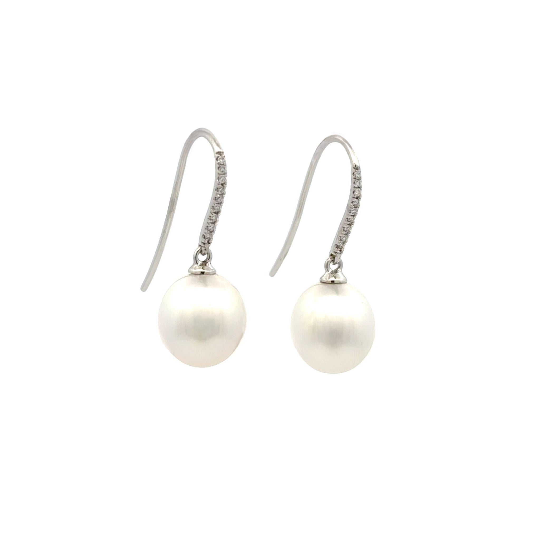 18K White Gold Australian South Sea 10-11mm Cultured Pearl and Diamond Hook Earrings