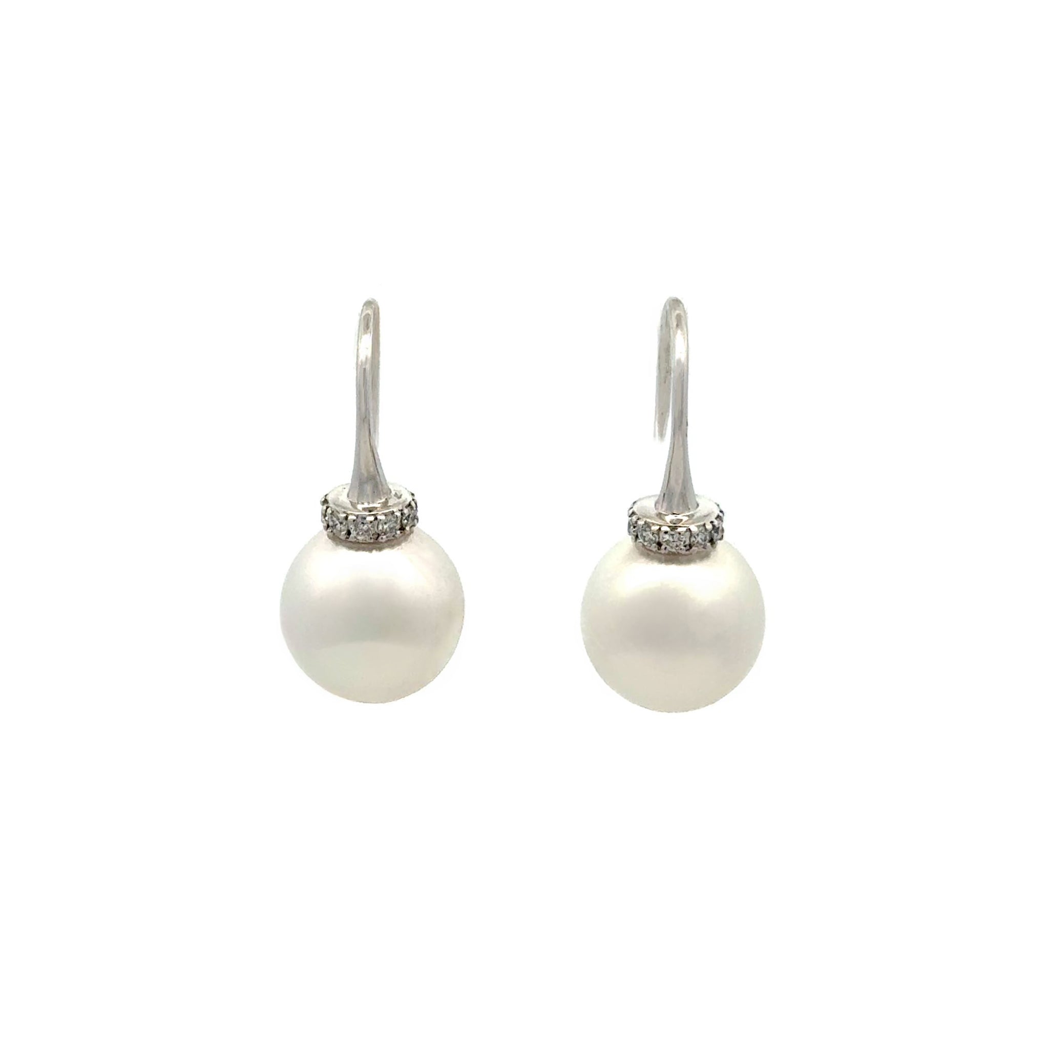 18K White Gold Australian South Sea 10-11mm Cultured Pearl and Diamond Hook Earrings