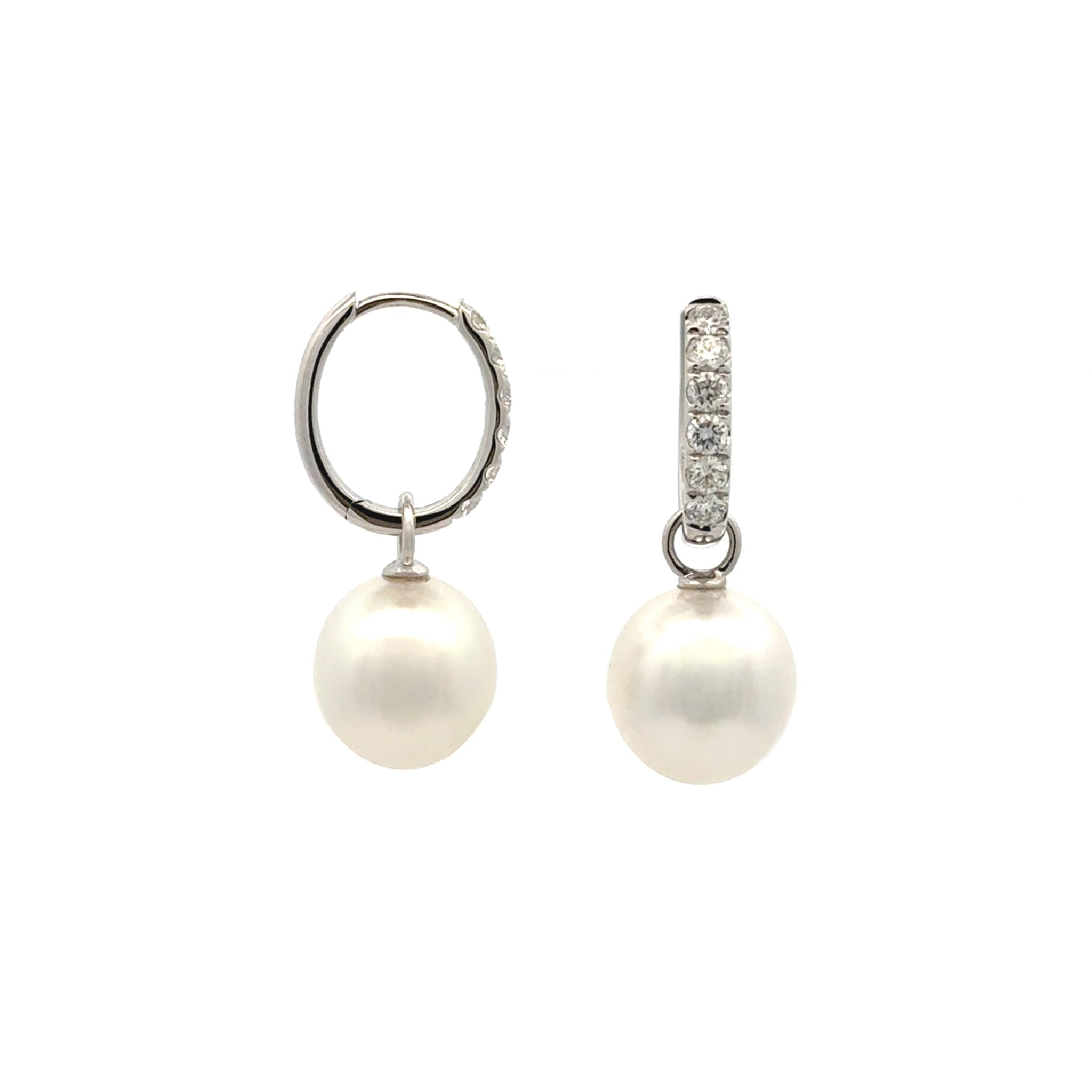 18K White Gold Australian South Sea 10-11mm Cultured Pearl and Diamond Huggie Earrings