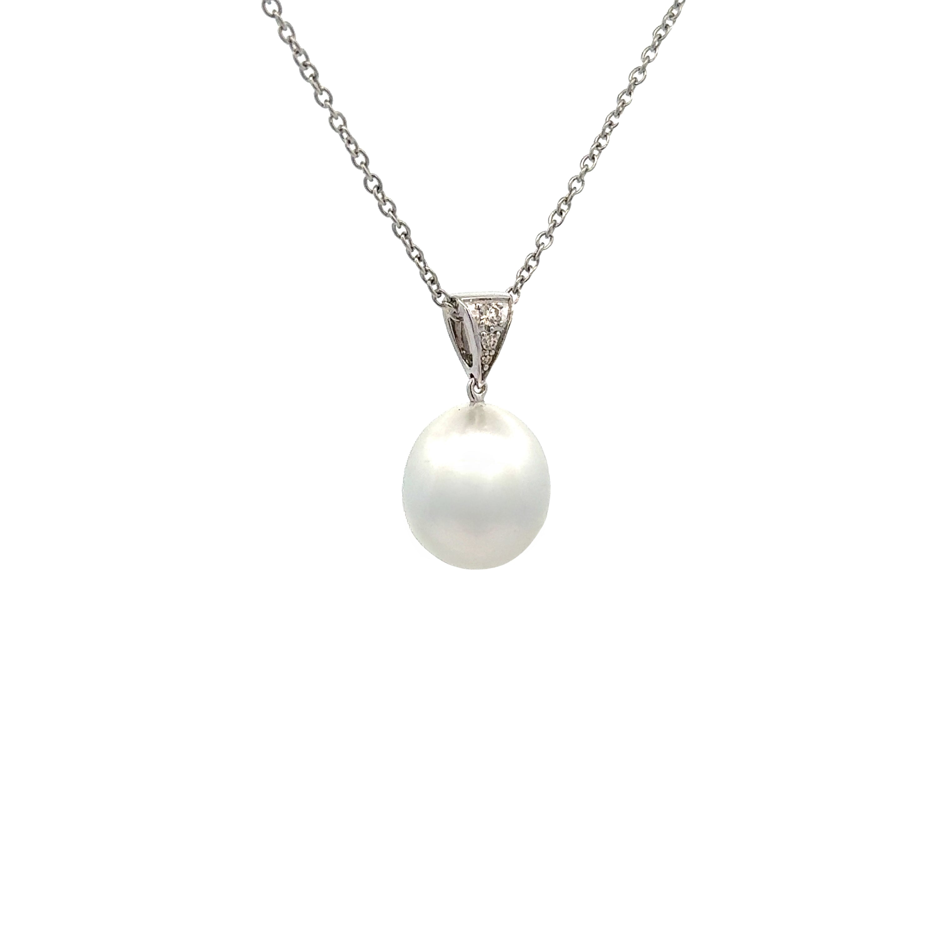 9K White Gold Australian South Sea Cultured 13-14 mm Pearl and Argyle Diamond Pendant