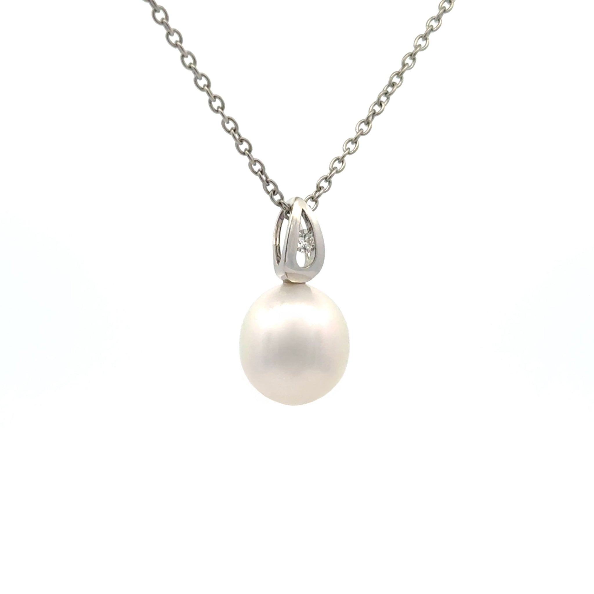 18K White Gold Australian South Sea 11-12mm Cultured Pearl and Diamond Pendant