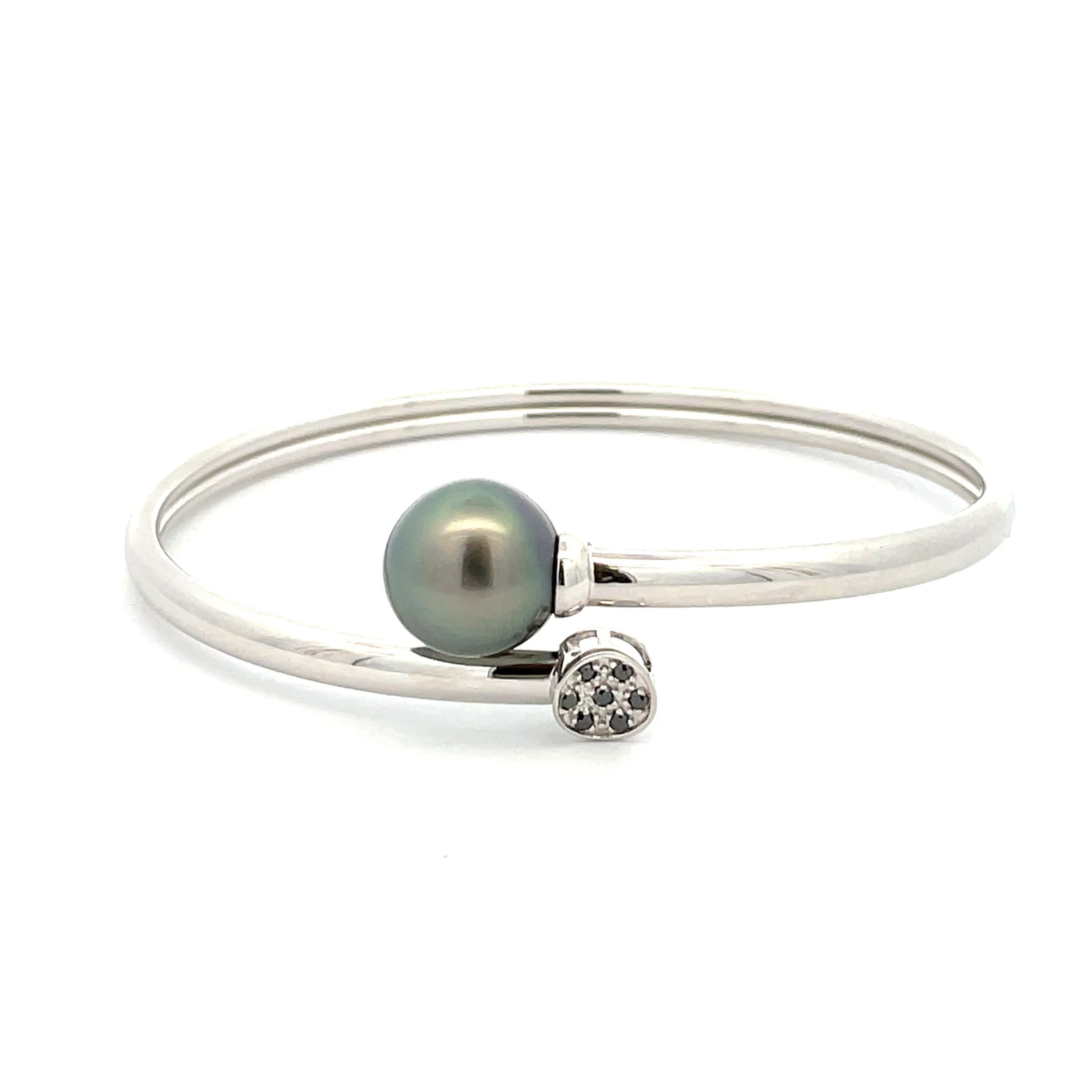 Sterling Silver Tahitian Cultured Pearl and Diamond Bangle