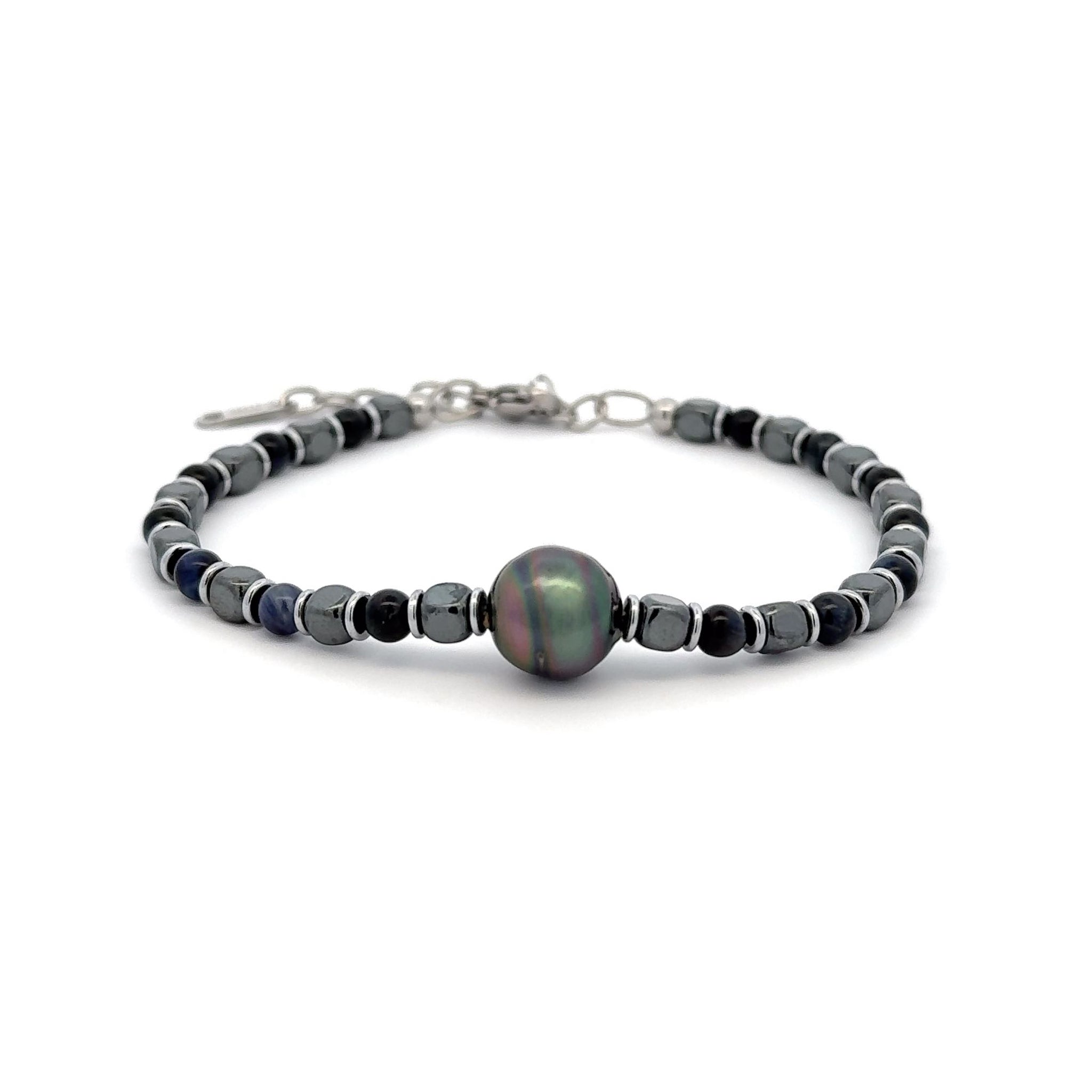 Bracciale con perle di Tahiti e pietre naturali d'argento/ematite nera/grigia di lunghezza variabile