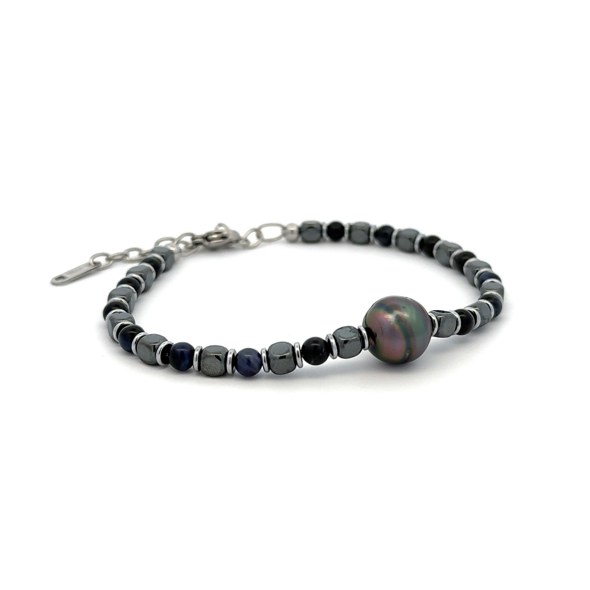 Bracciale con perle di Tahiti e pietre naturali d'argento/ematite nera/grigia di lunghezza variabile