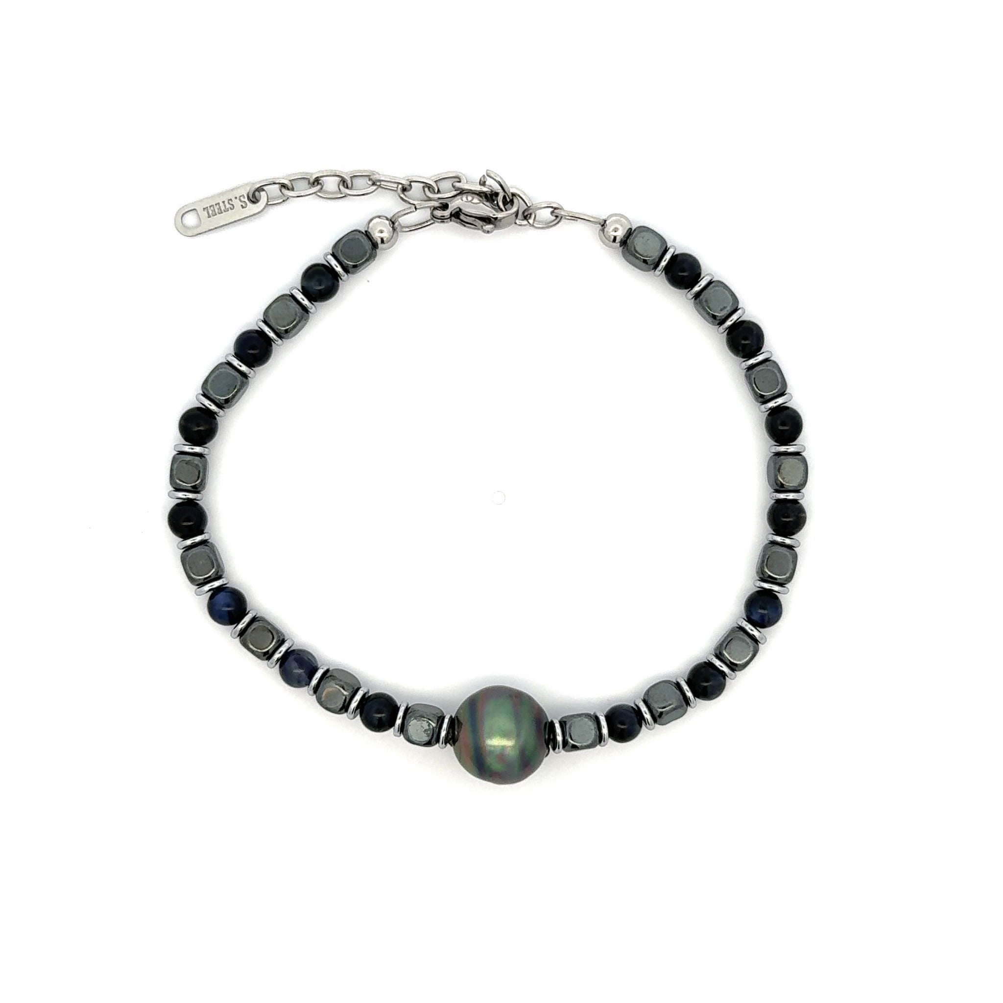 Bracciale con perle di Tahiti e pietre naturali d'argento/ematite nera/grigia di lunghezza variabile