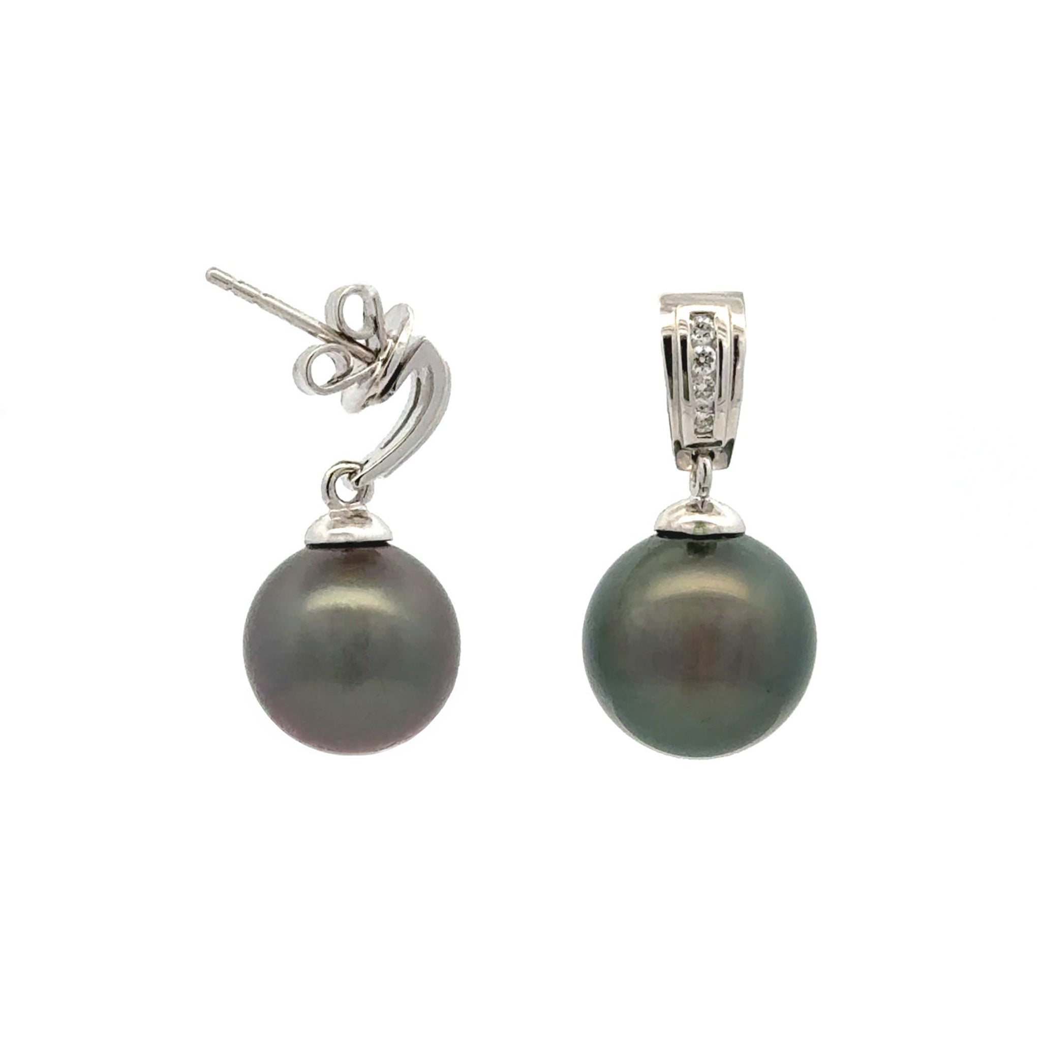 18K White Gold Tahitian 10-11mm Cultured Pearl and Diamond Drop Earrings