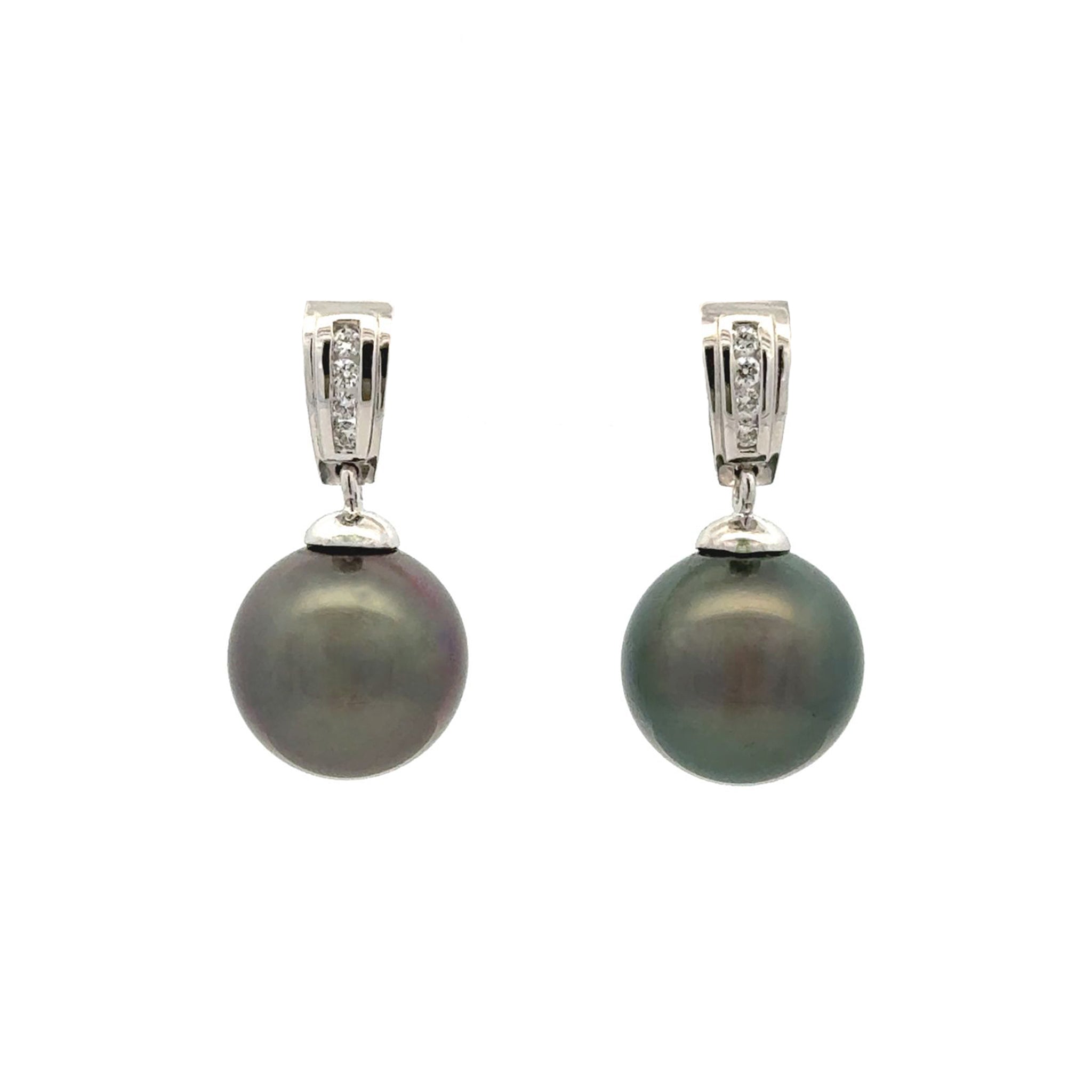 18K White Gold Tahitian 10-11mm Cultured Pearl and Diamond Drop Earrings