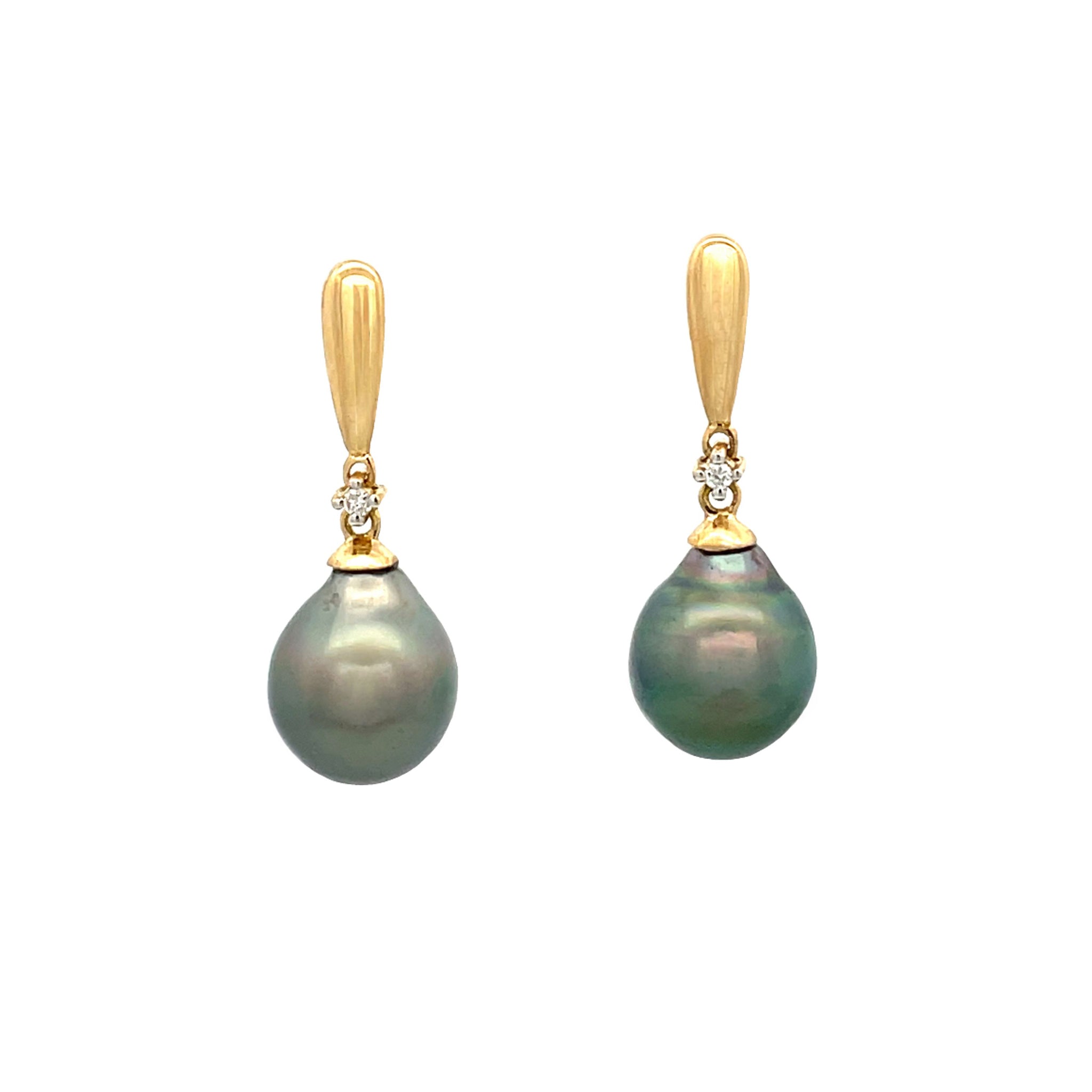 18K Yellow Gold Tahitian Cultured 8-9mm Pearl and Diamond Drop Earrings