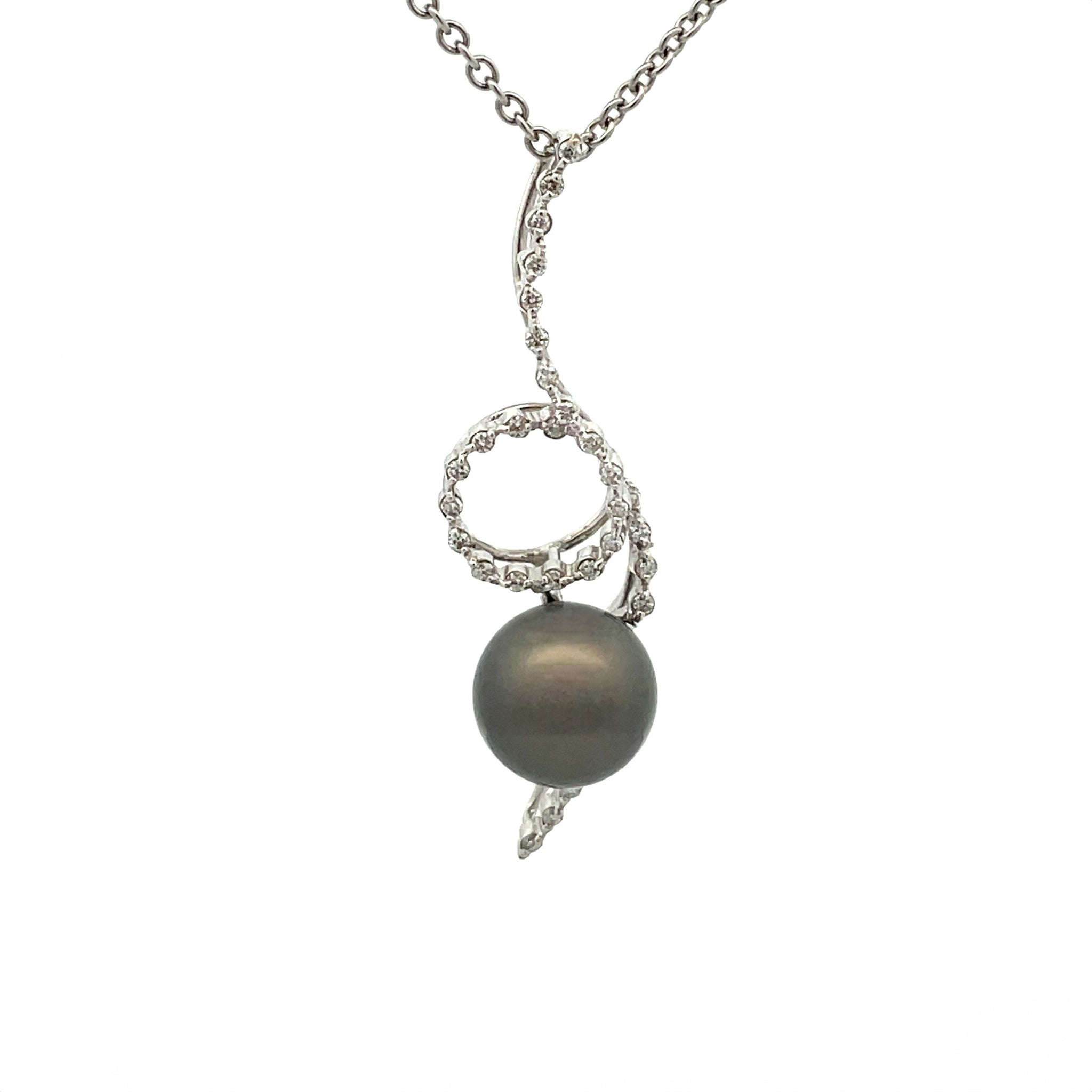 18K White Gold Tahitian 9-10 mm Cultured Pearl and Diamond Pendant