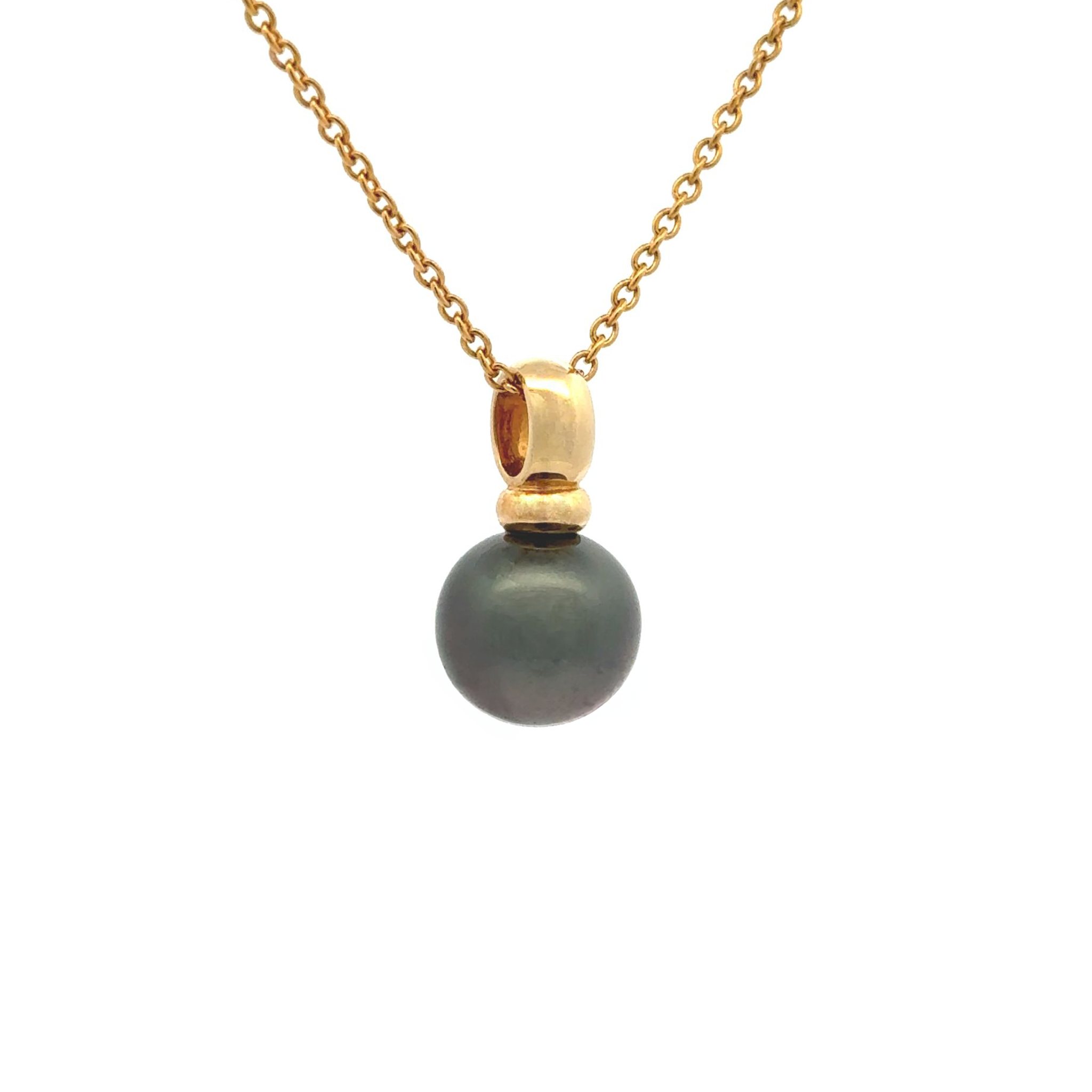 A luxurious piece that combines modern sophistication with the beauty of nature. This Willie Creek Pearls pendant is composed of 18K yellow gold, with a single 11-12mm off round, black pearl with excellent lustre. Chain sold separately.