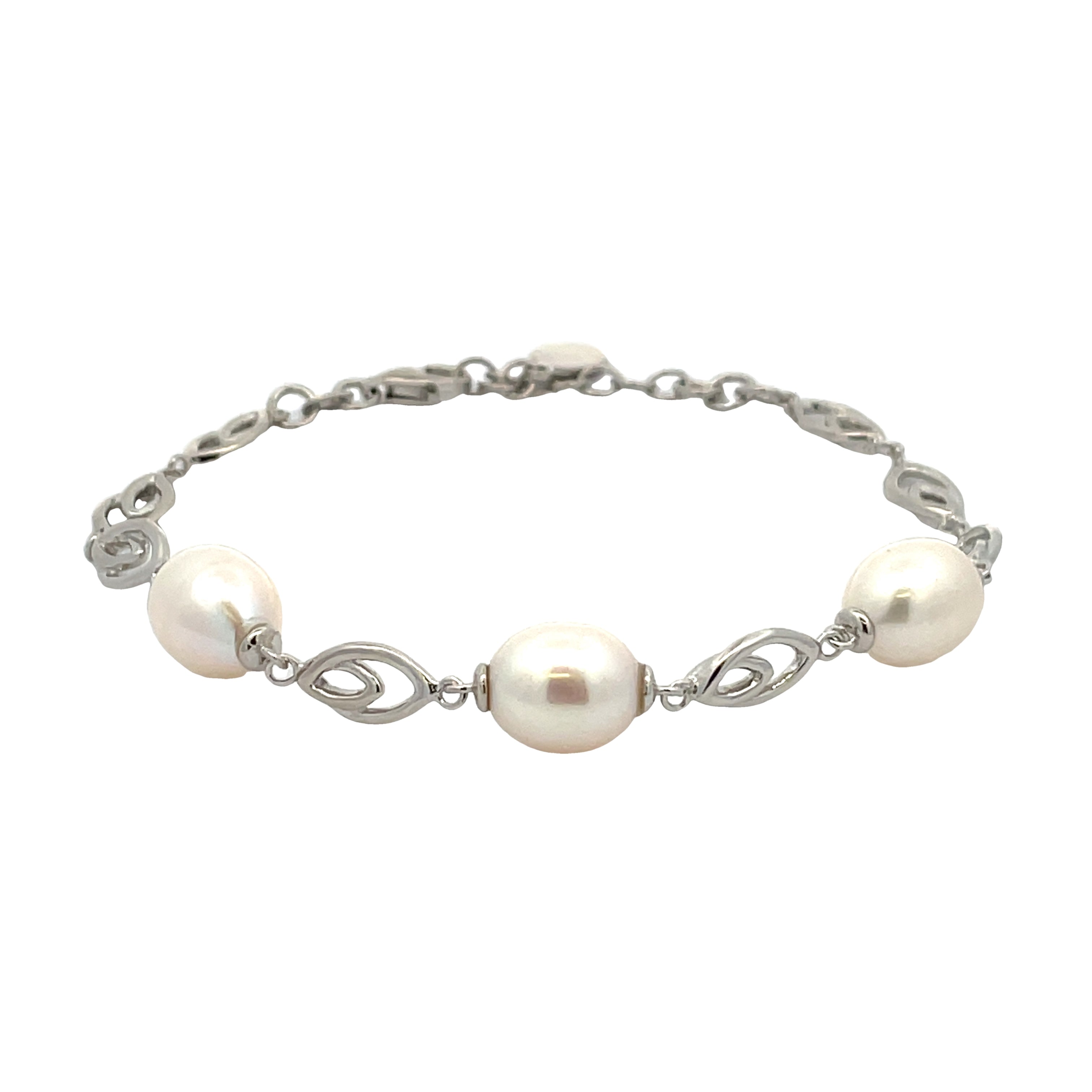 Bracciale di perle d'acqua dolce bianche in argento sterling