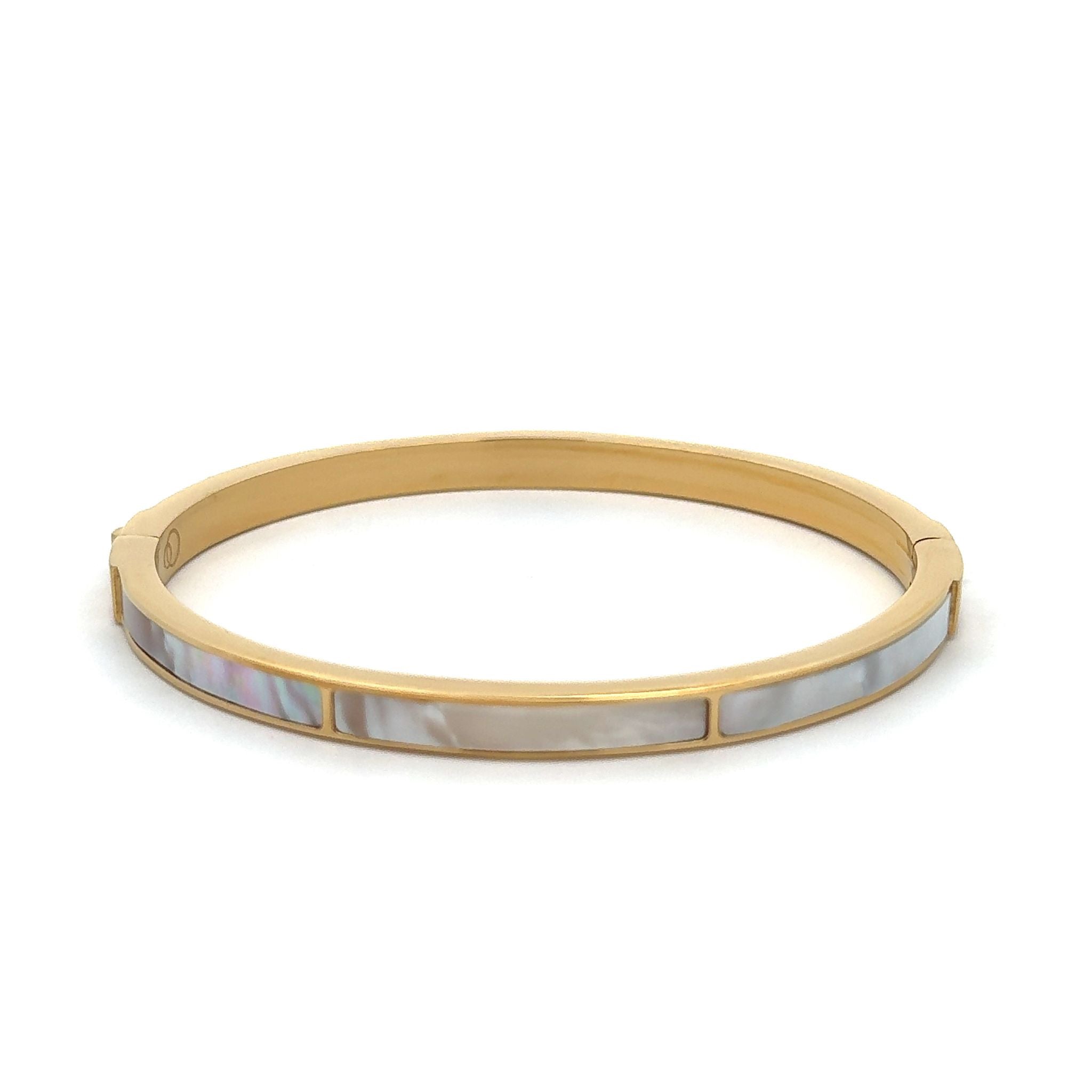 Gold Plated Stainless Steel White Mother Of Pearl Bangle - 60mm