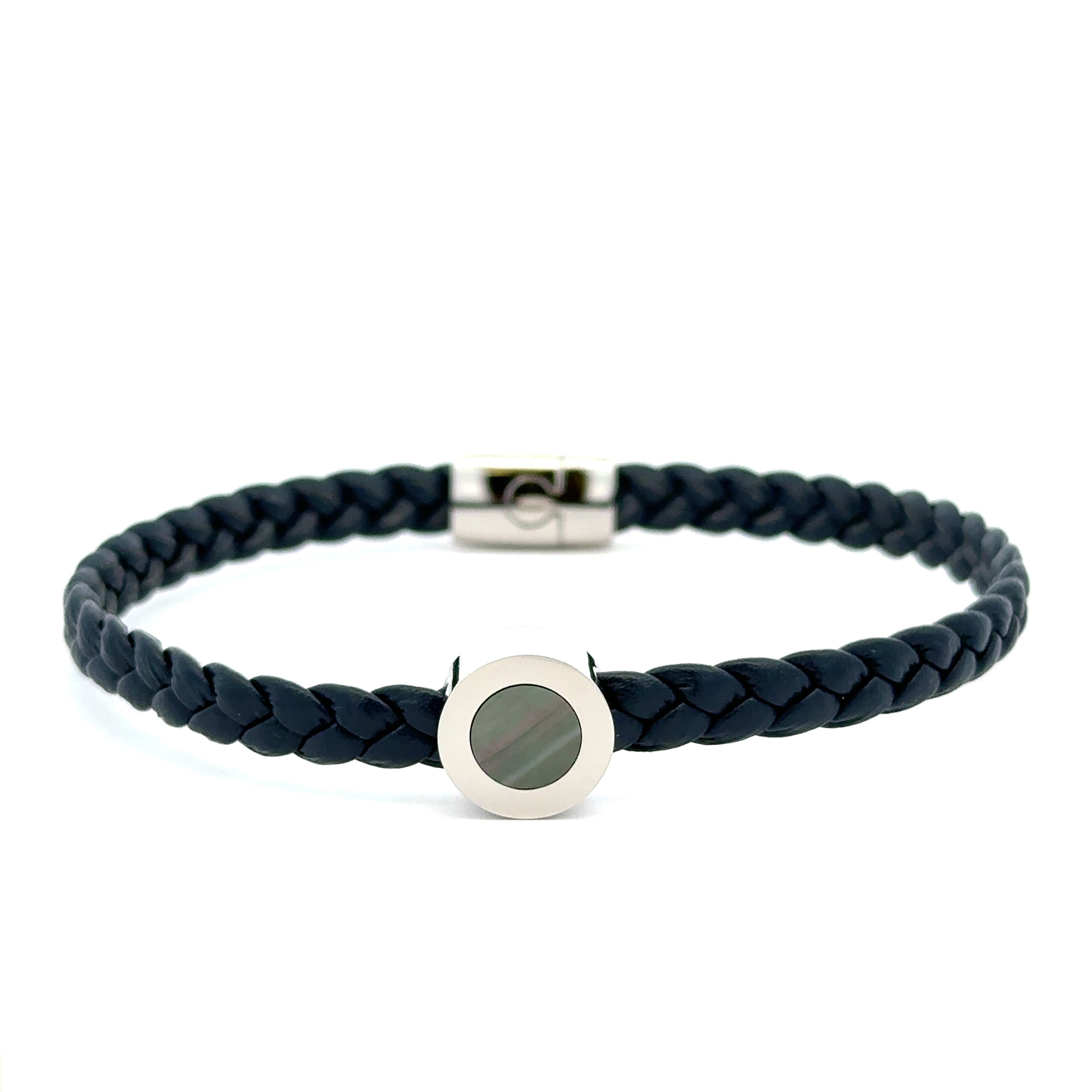 Bracciale in acciaio inossidabile intrecciato in pelle blu con madreperla nera