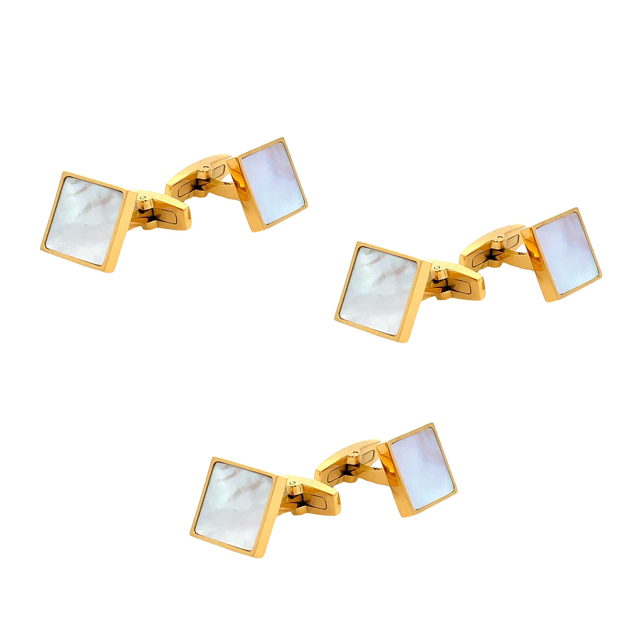 Groomsmen Three Set Bundle - Gold Plated Stainless Steel White Mother Of Pearl Square Cufflinks