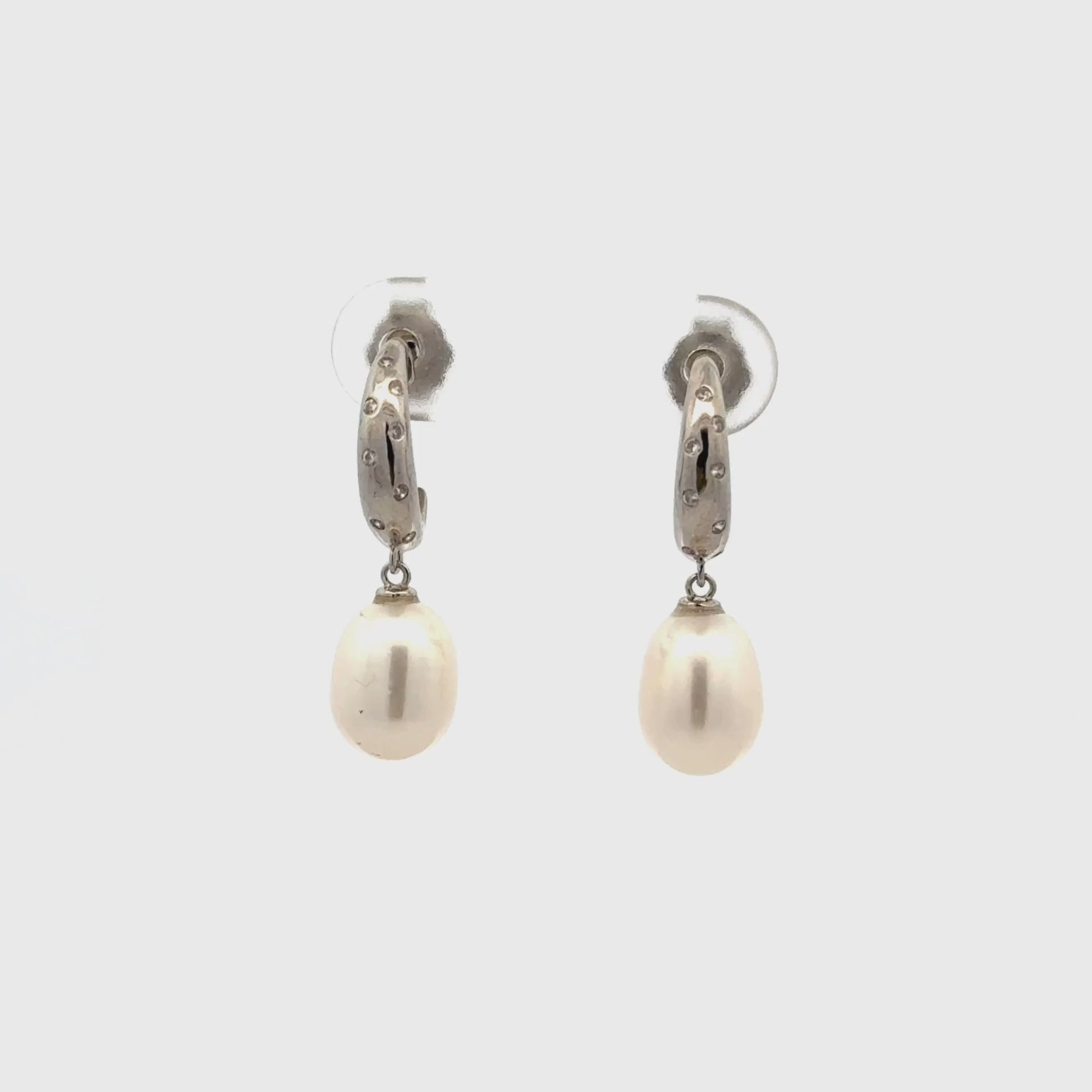 Sterling Silver Freshwater Pearl and Cubic Zirconia Drop Earrings - Rhodium Plated