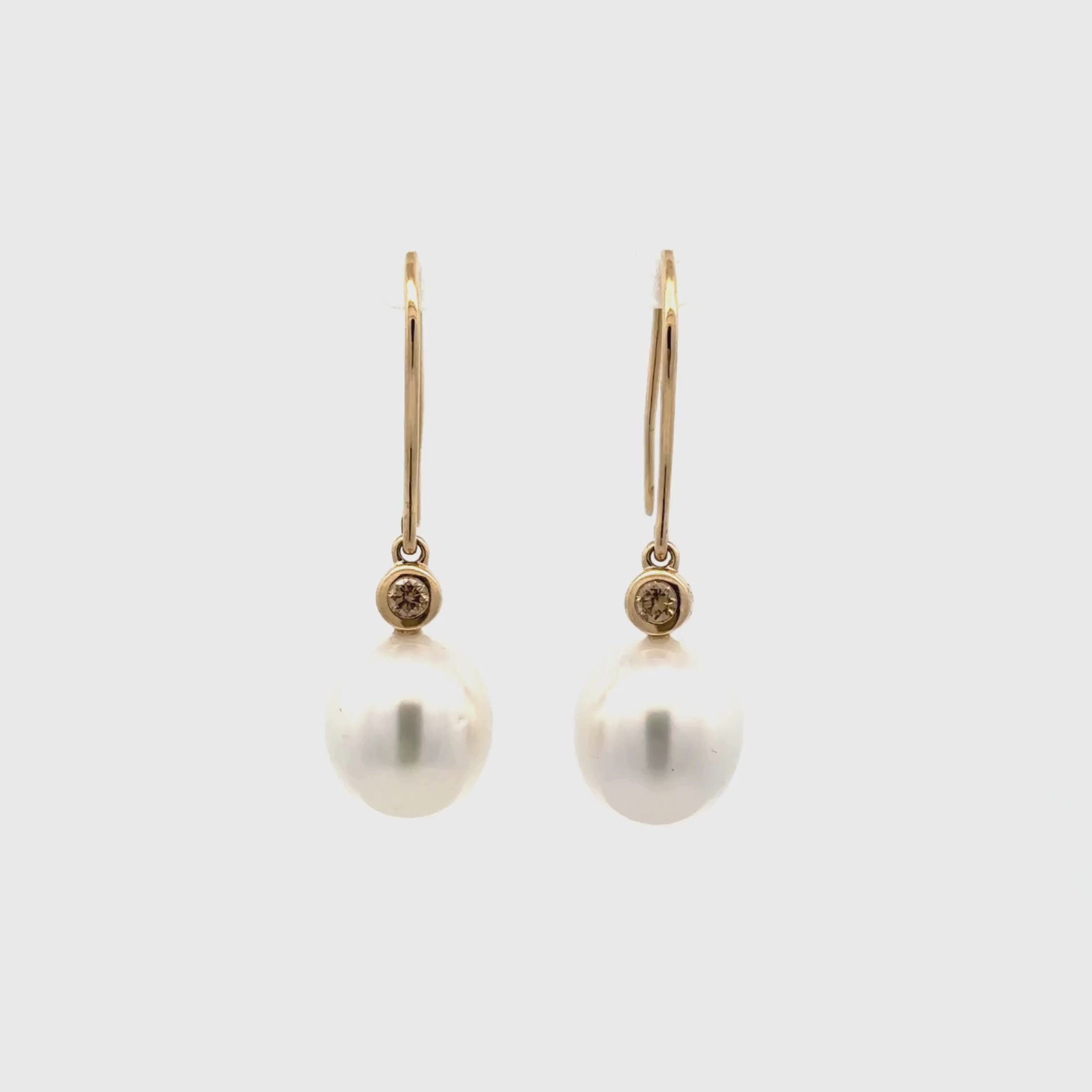 9K Yellow Gold Australian South Sea Cultured Pearl and Argyle Diamond Hook Earrings