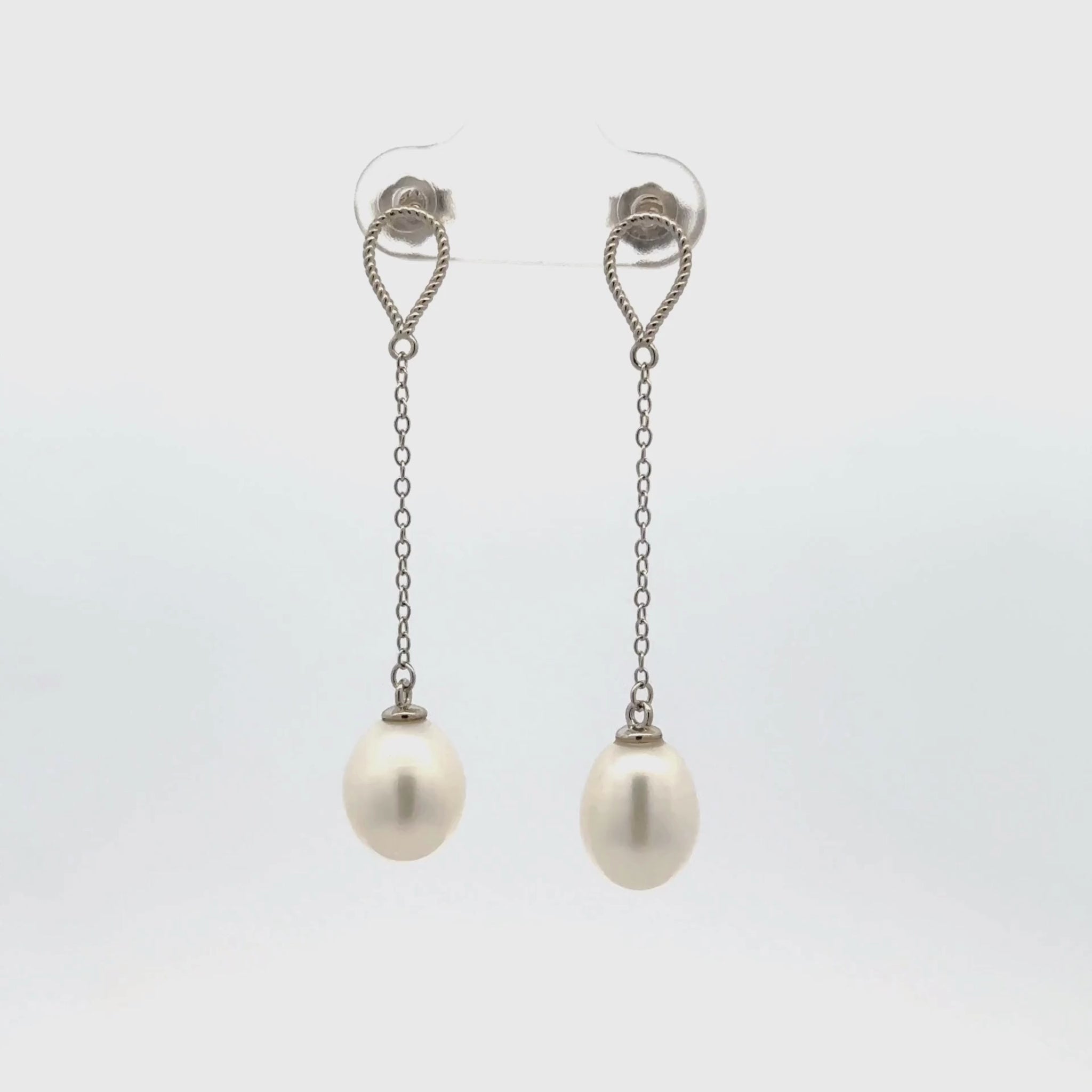 Sterling Silver Freshwater 8-9mm Pearl Drop Earrings - Rhodium Plated.