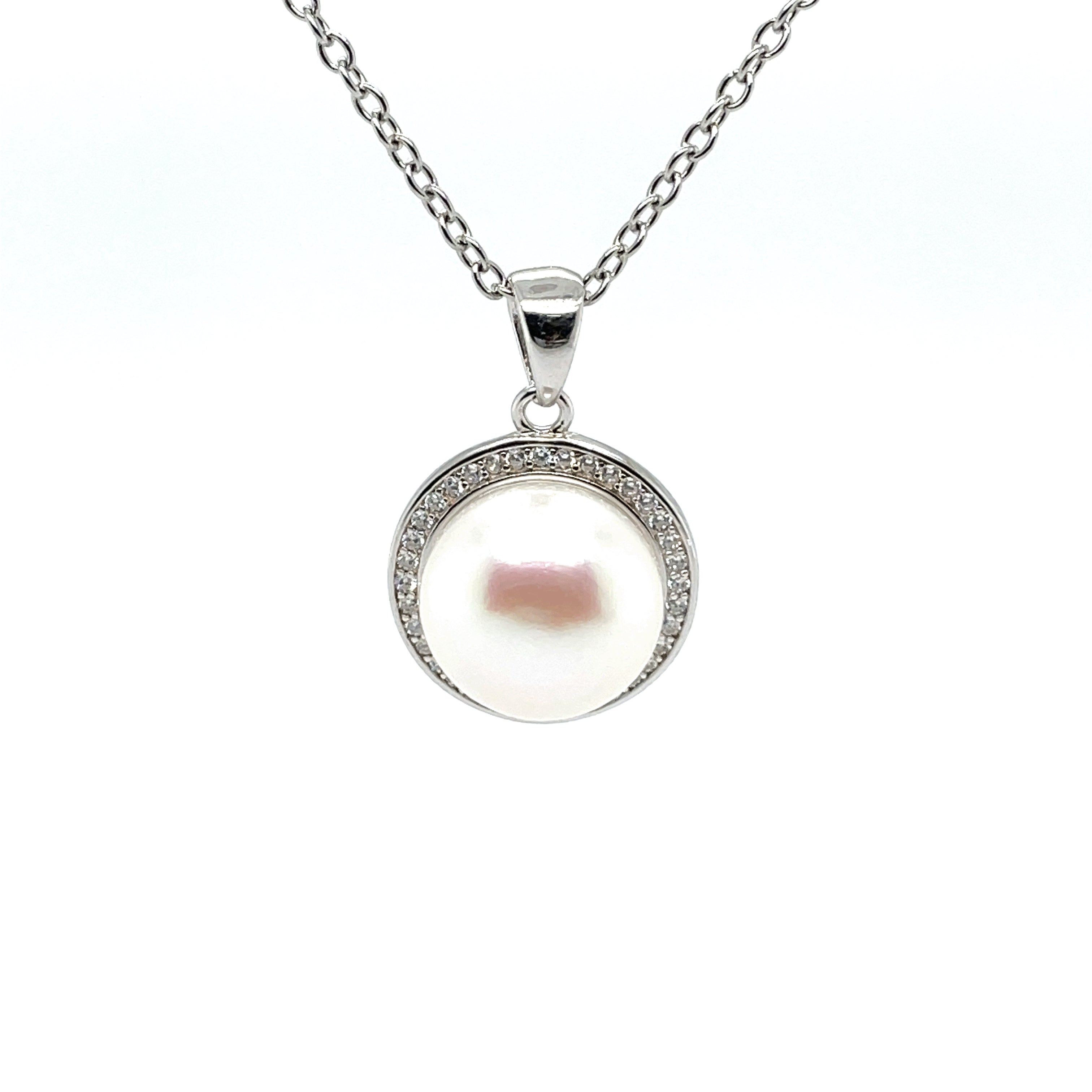 Sterling Silver Freshwater Pearl White 11-12 mm Cubic Zirconia Pendant