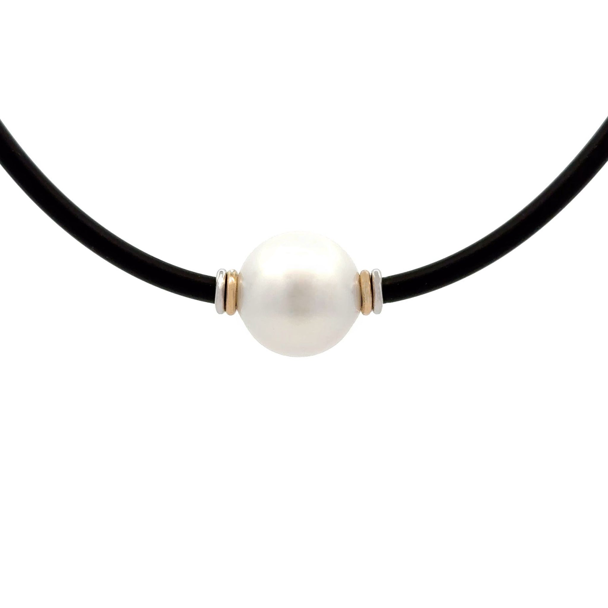 Sterling Silver &amp; 9K Yellow Gold Australian South Sea Cultured 14-15 mm Pearl Neoprene Necklace - 3mm