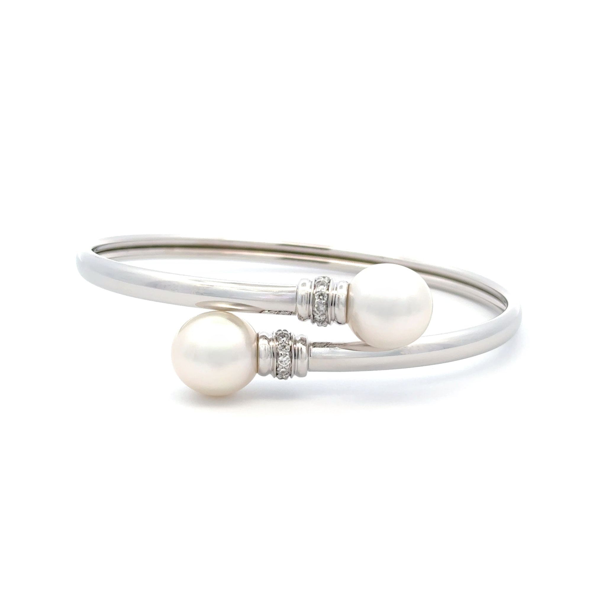 18K White Gold Australian South Sea 10-11 mm Cultured Pearl and Diamond Bangle