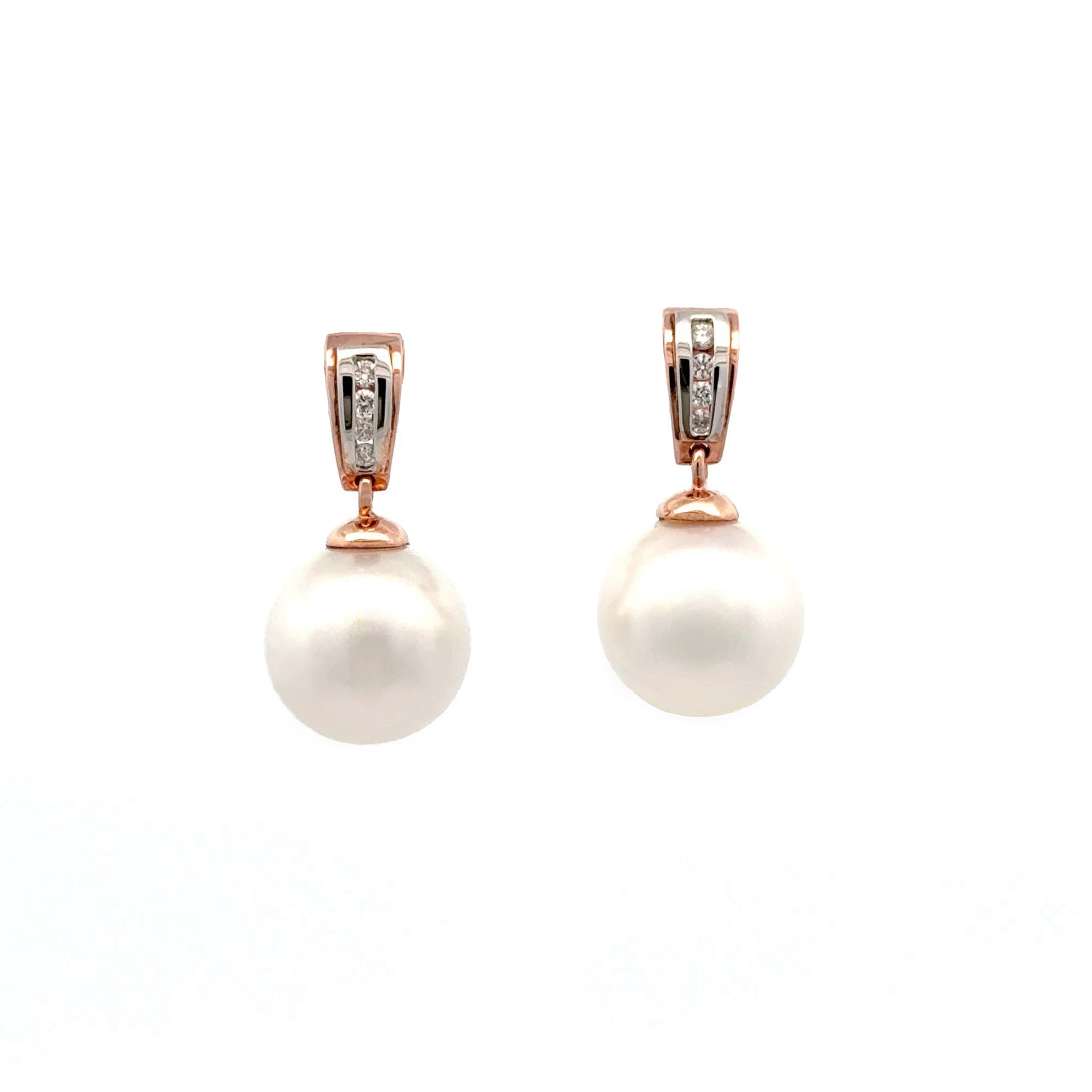 18K Rose Gold Australian South Sea Cultured 10-11 mm Pearl Drop and Diamond Earrings