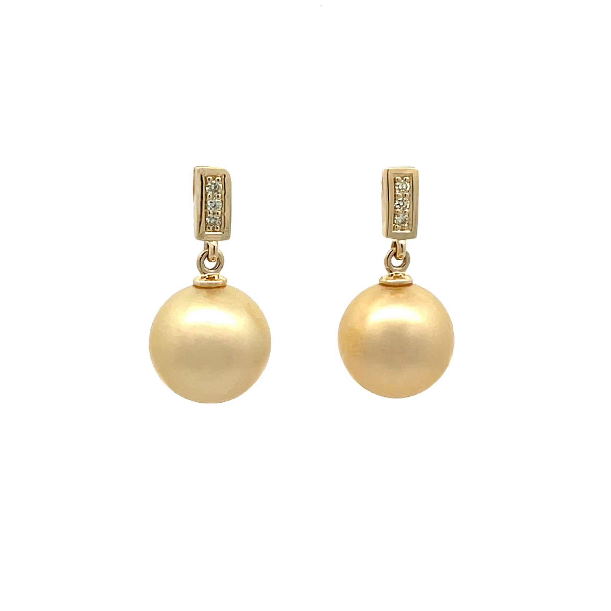 9K Yellow Gold South Sea Cultured 10 - 11mm Pearl and Diamond Drop Earrings