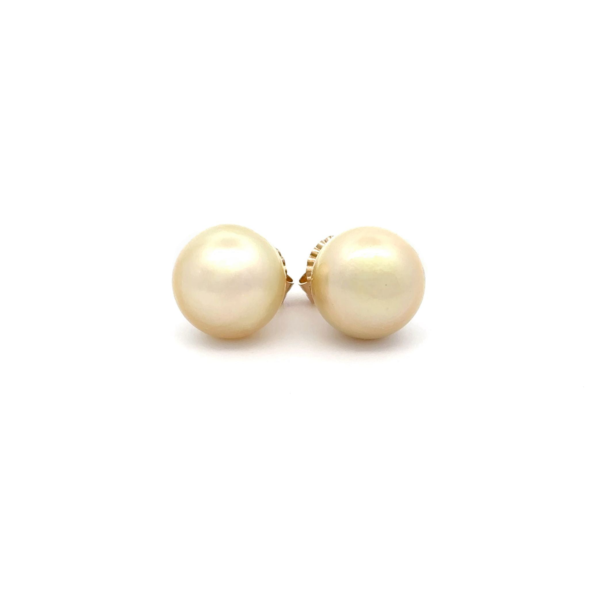 9K Yellow Gold South Sea Cultured 13-14mm Stud Pearl Earrings With 9mm Butterflies