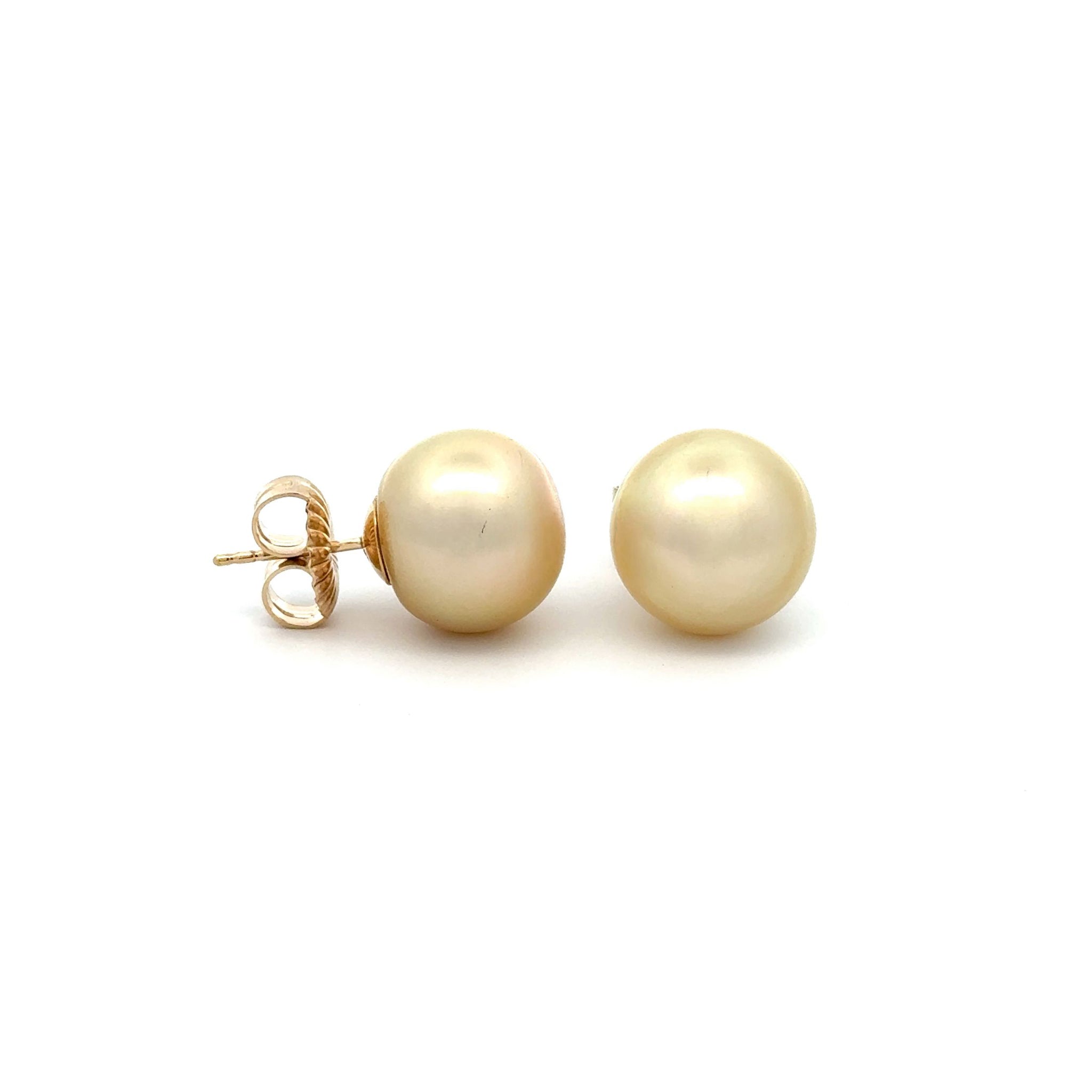 9K Yellow Gold South Sea Cultured 13-14mm Stud Pearl Earrings With 9mm Butterflies