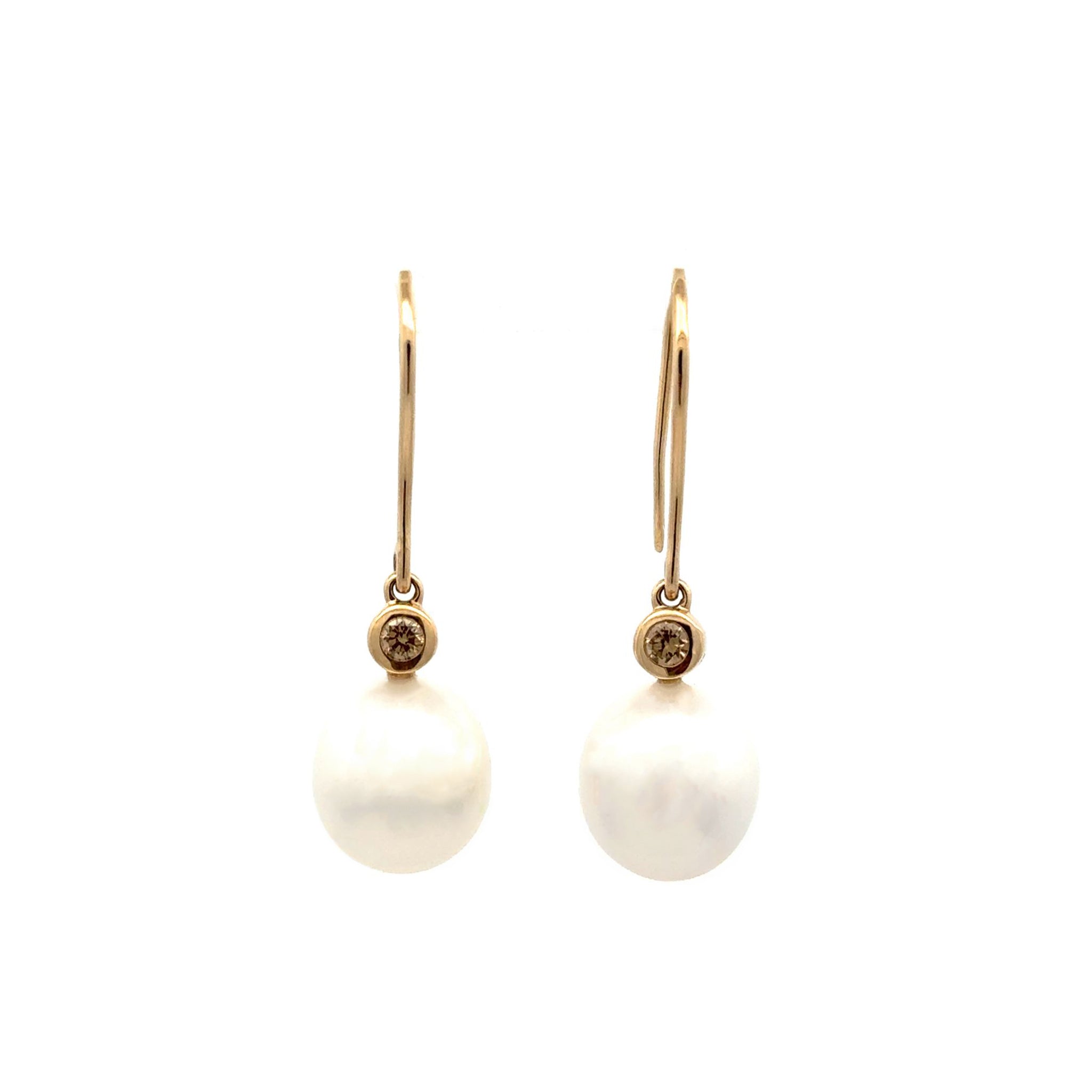 9K Yellow Gold Australian South Sea Cultured Pearl and Argyle Diamond Hook Earrings