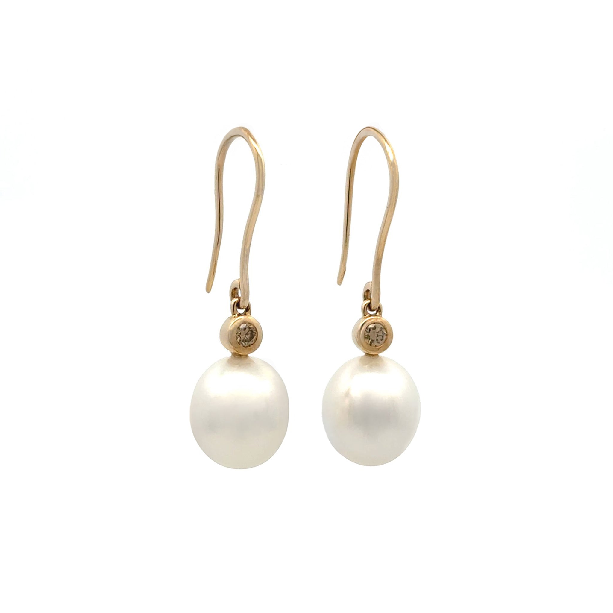 9K Yellow Gold Australian South Sea 11-12mm Cultured Pearl and Argyle Diamond Hook Earrings