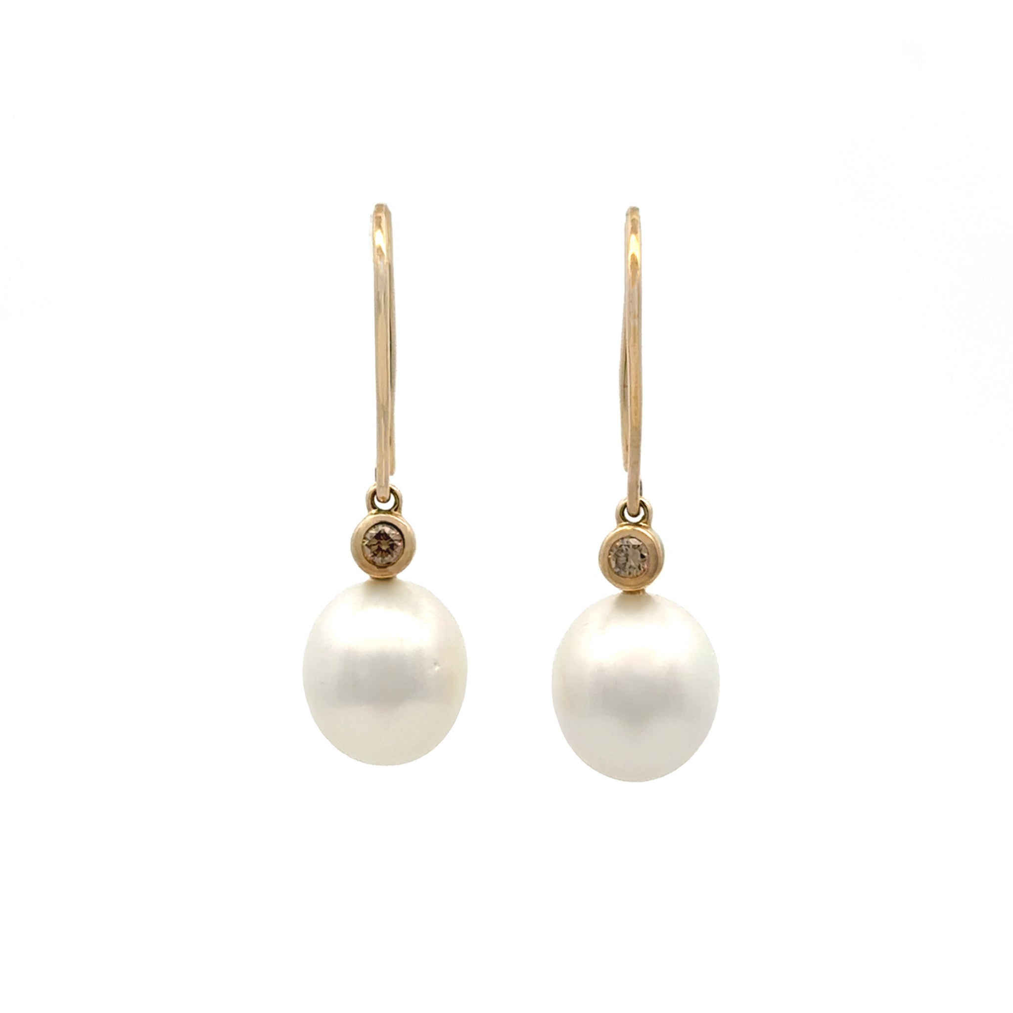 9K Yellow Gold Australian South Sea 11-12mm Cultured Pearl and Argyle Diamond Hook Earrings