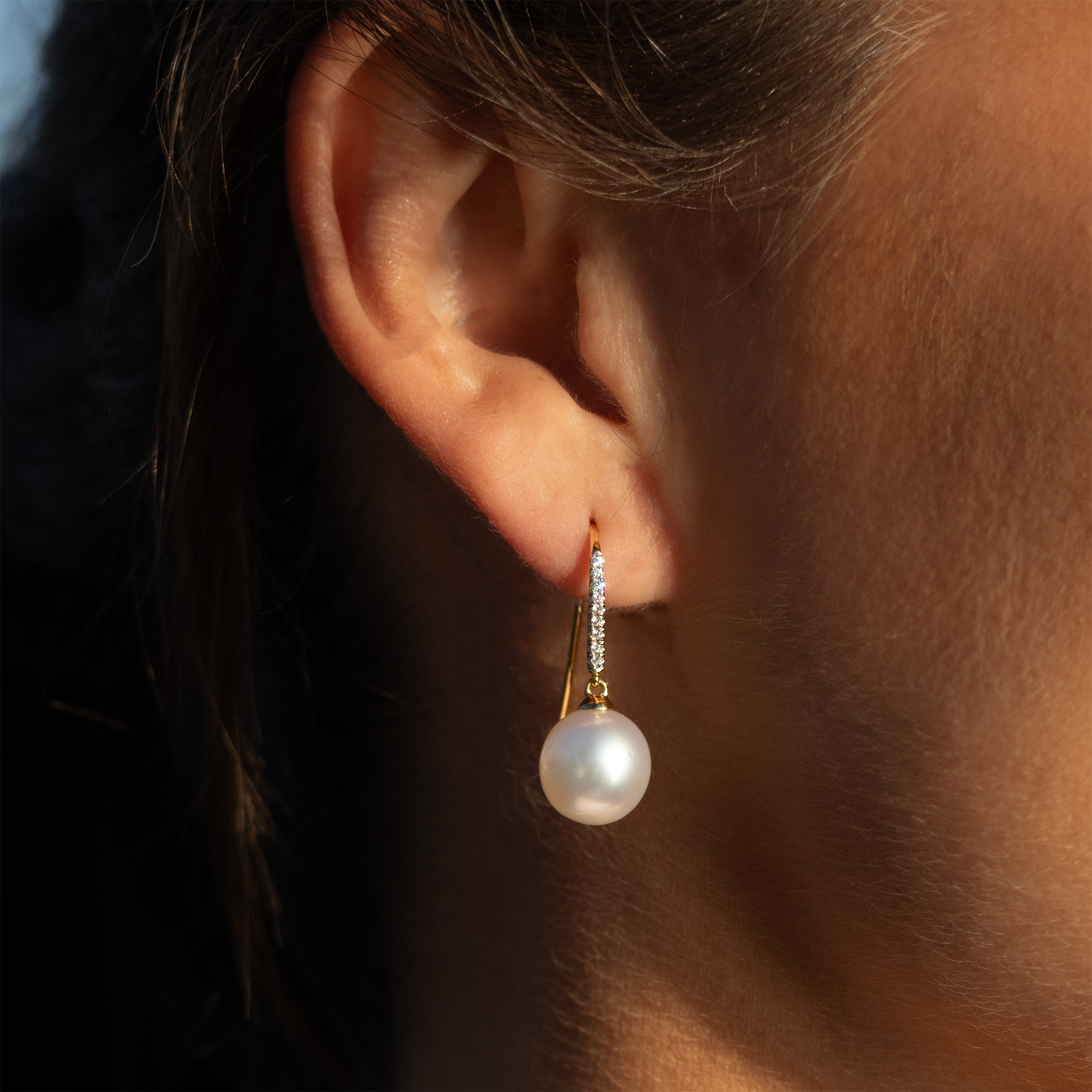 18K Yellow Gold Australian South Sea 10-11mm Cultured Pearl and Diamond Hook Earrings.