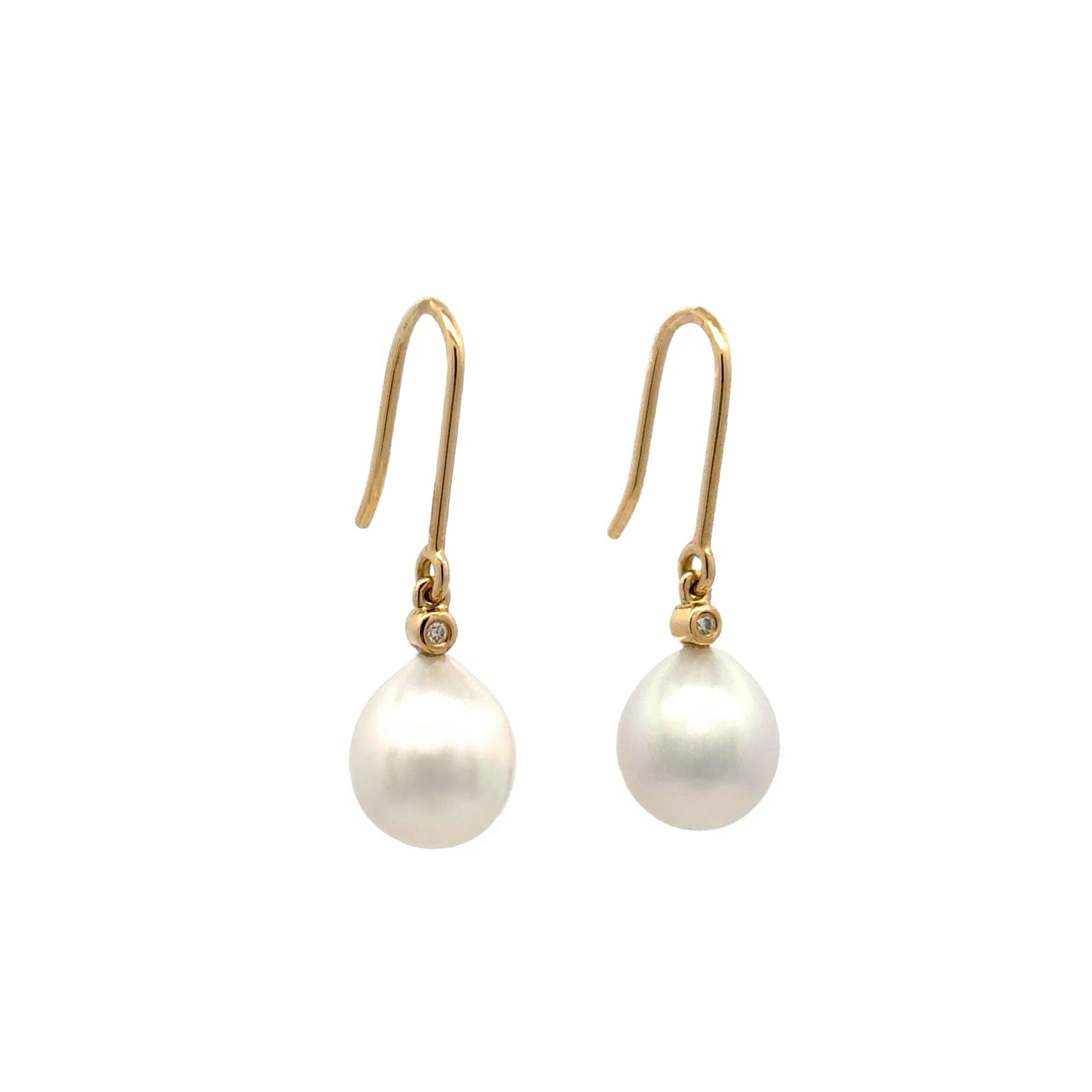 18K Yellow Gold Australian South Sea Cultured 9-10 mm Pearl and Diamond Hook Earrings