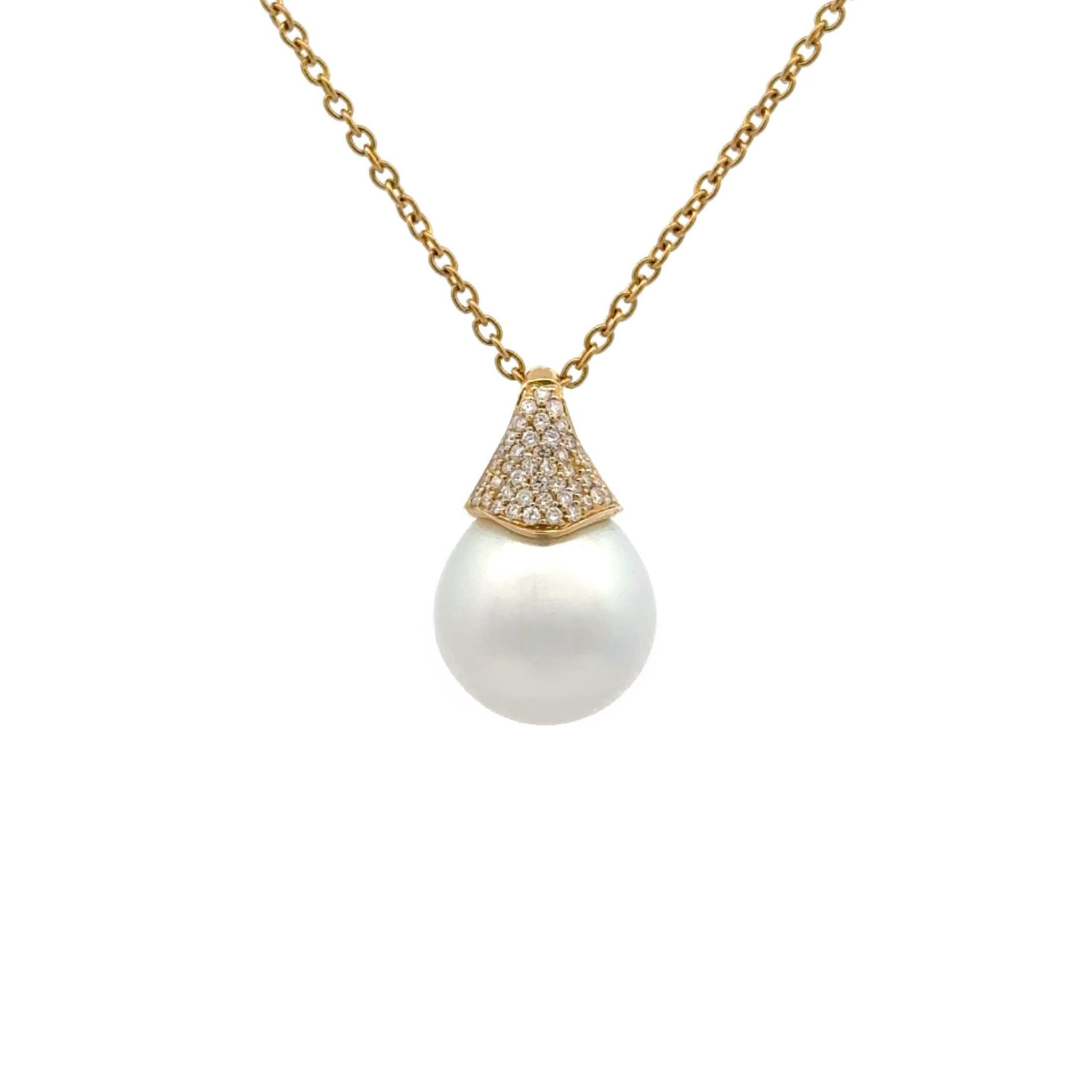 18K Yellow Gold Australian South Sea Cultured 13-14mm Pearl and Diamond Pendant