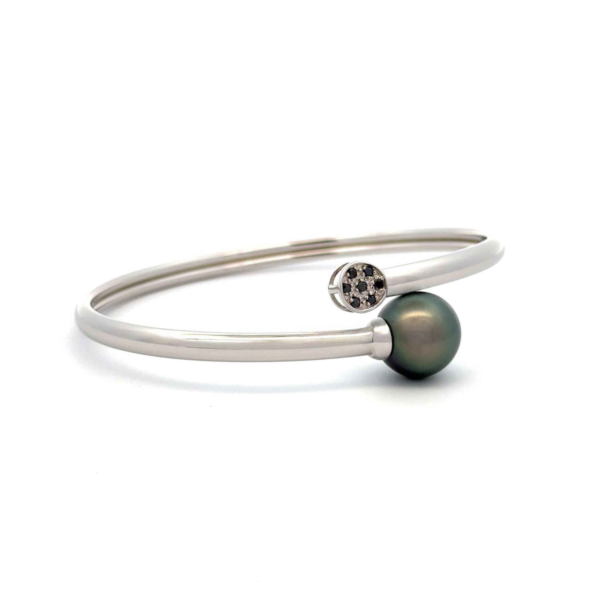 Sterling Silver Tahitian 11-12 mm Cultured Pearl and Diamond Bangle