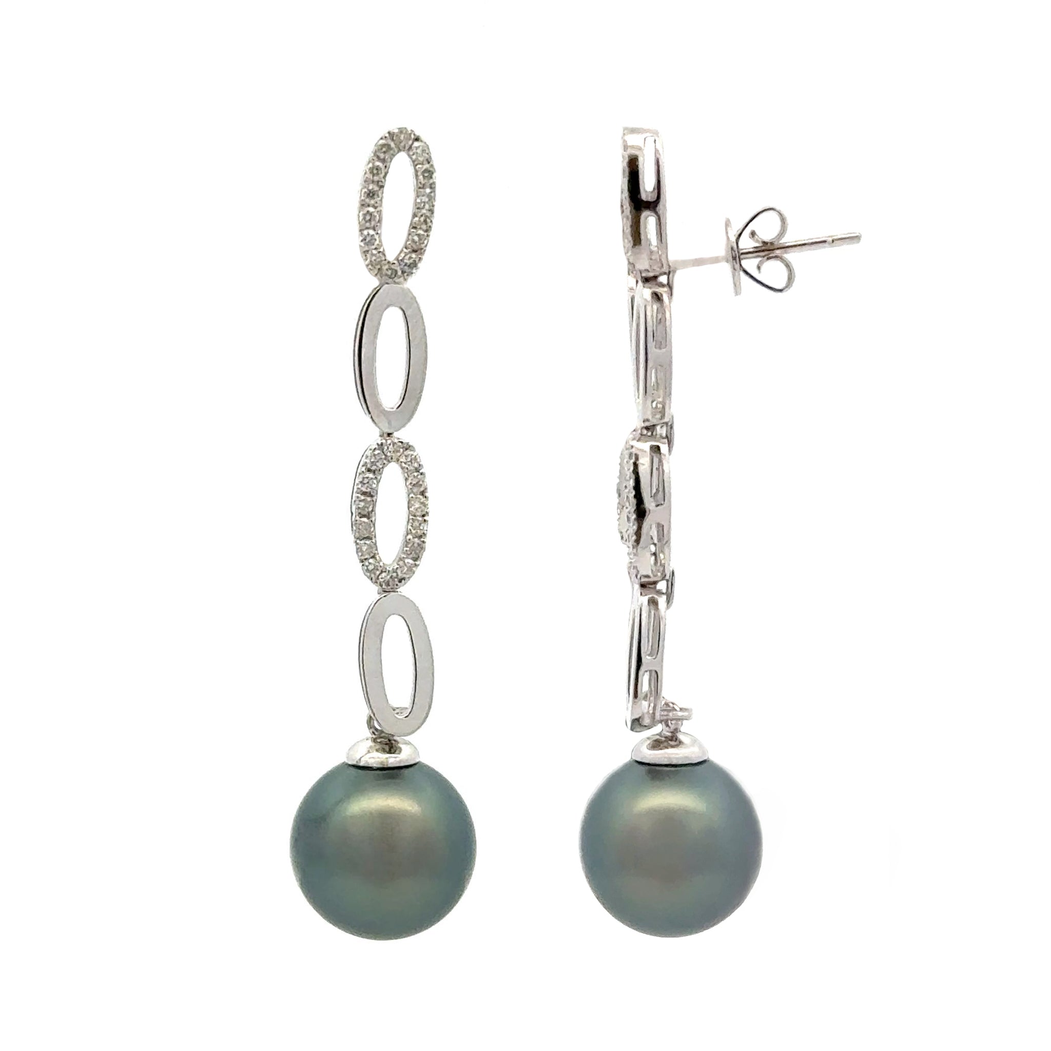 18K White Gold Tahitian 11-12mm Cultured Pearl and Diamond Drop Earrings