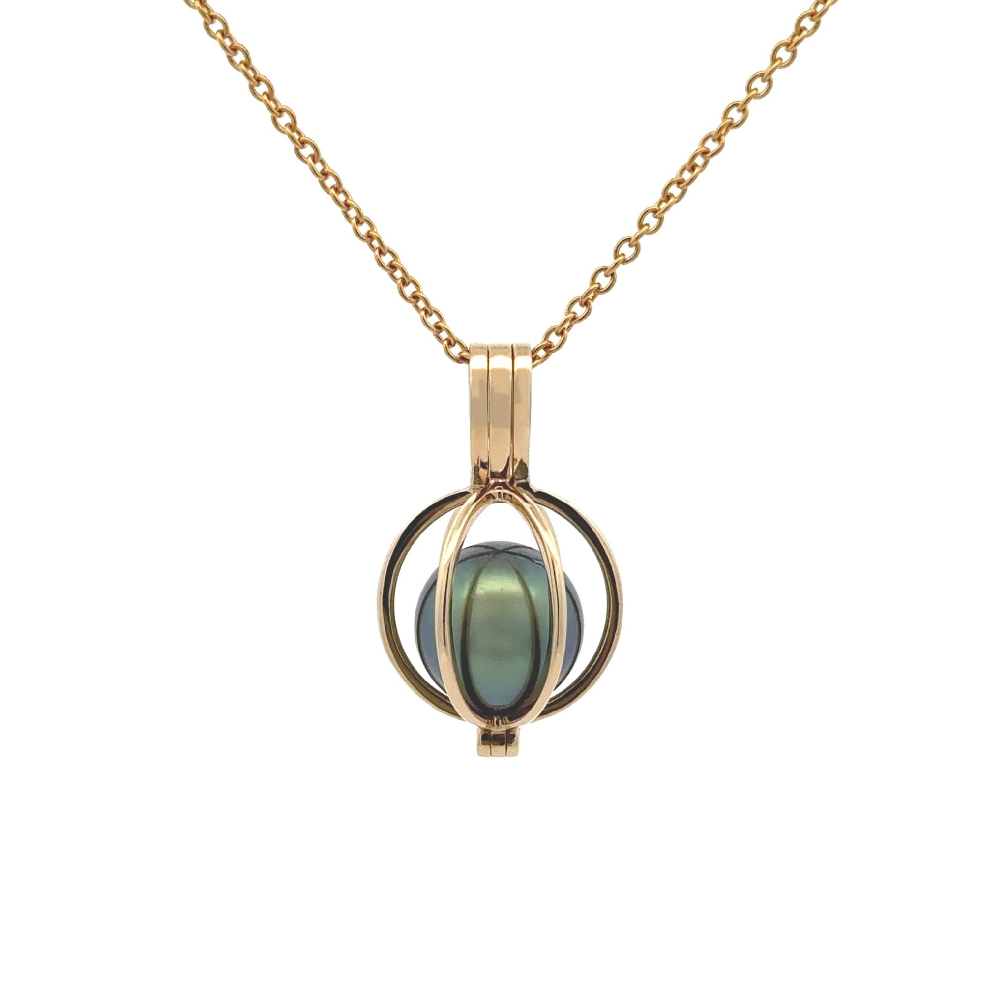 The cage design is both elegant and functional, holding the pearl securely while allowing its excellent lustre to shine through the open framework. This Willie Creek Pearls pendant is composed of 9K yellow gold, with a single 10-11mm round, black pearl with excellent lustre. Chain sold separately.