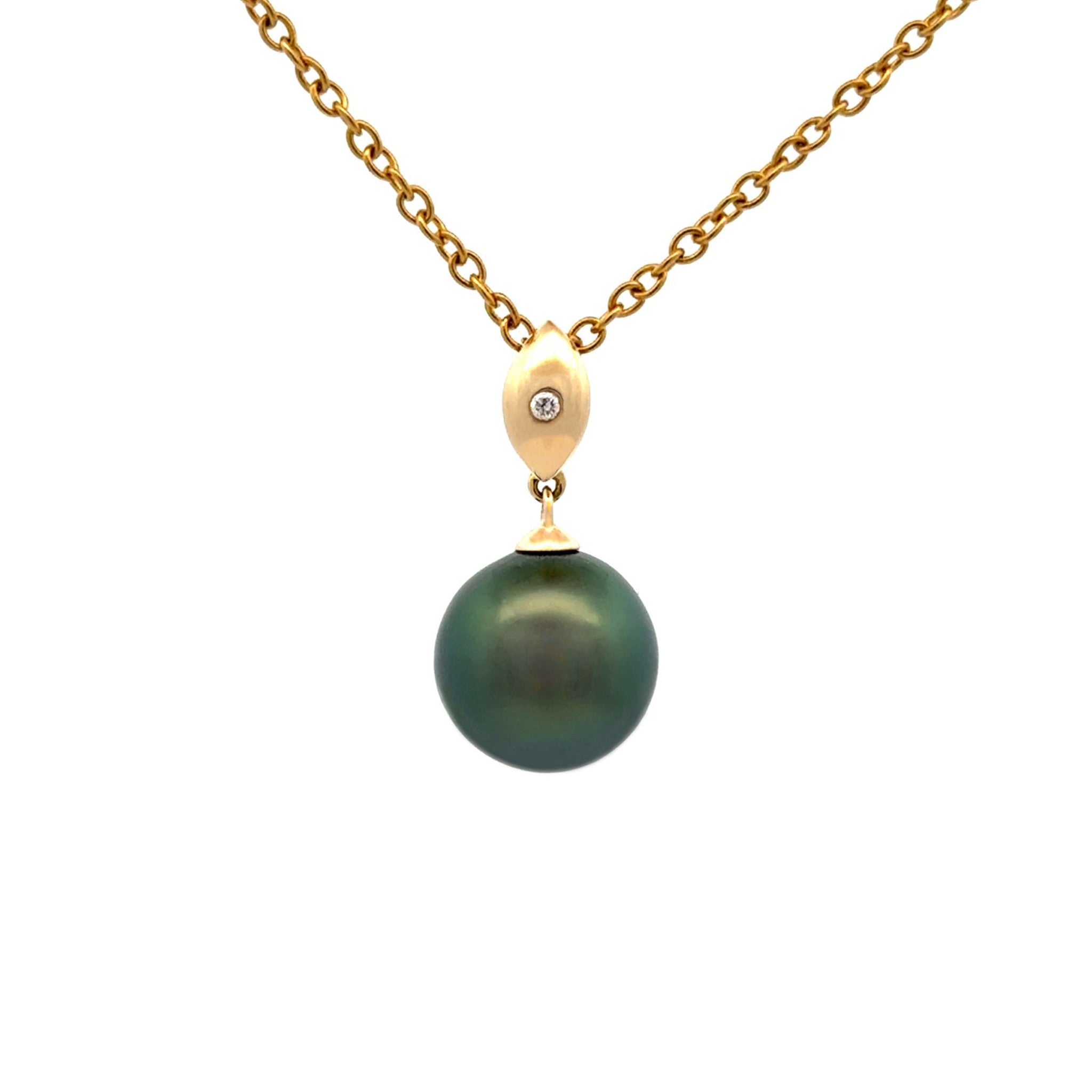 18K Yellow Gold Tahitian 10-11mm Cultured Pearl and Diamond Pendant