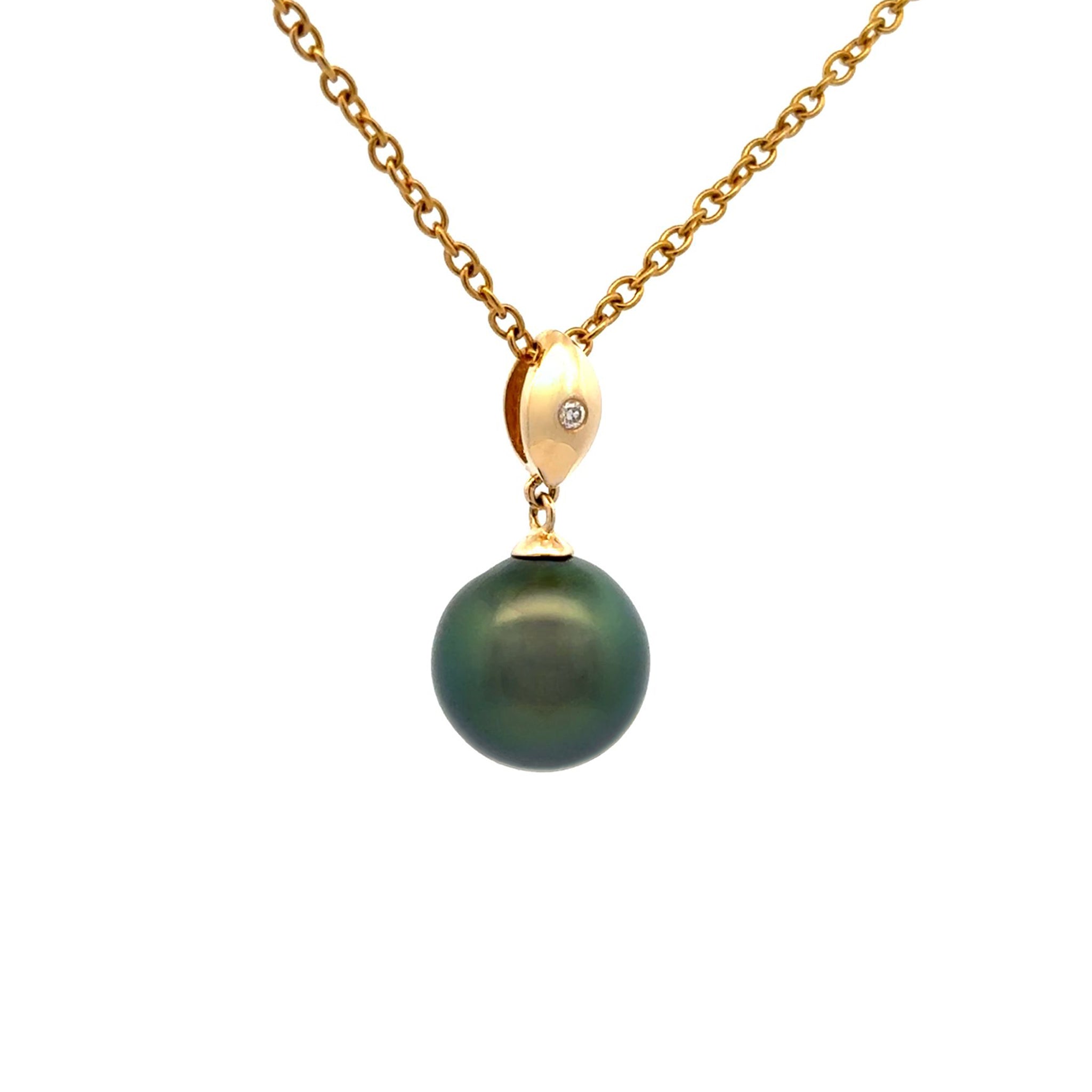 18K Yellow Gold Tahitian 10-11mm Cultured Pearl and Diamond Pendant