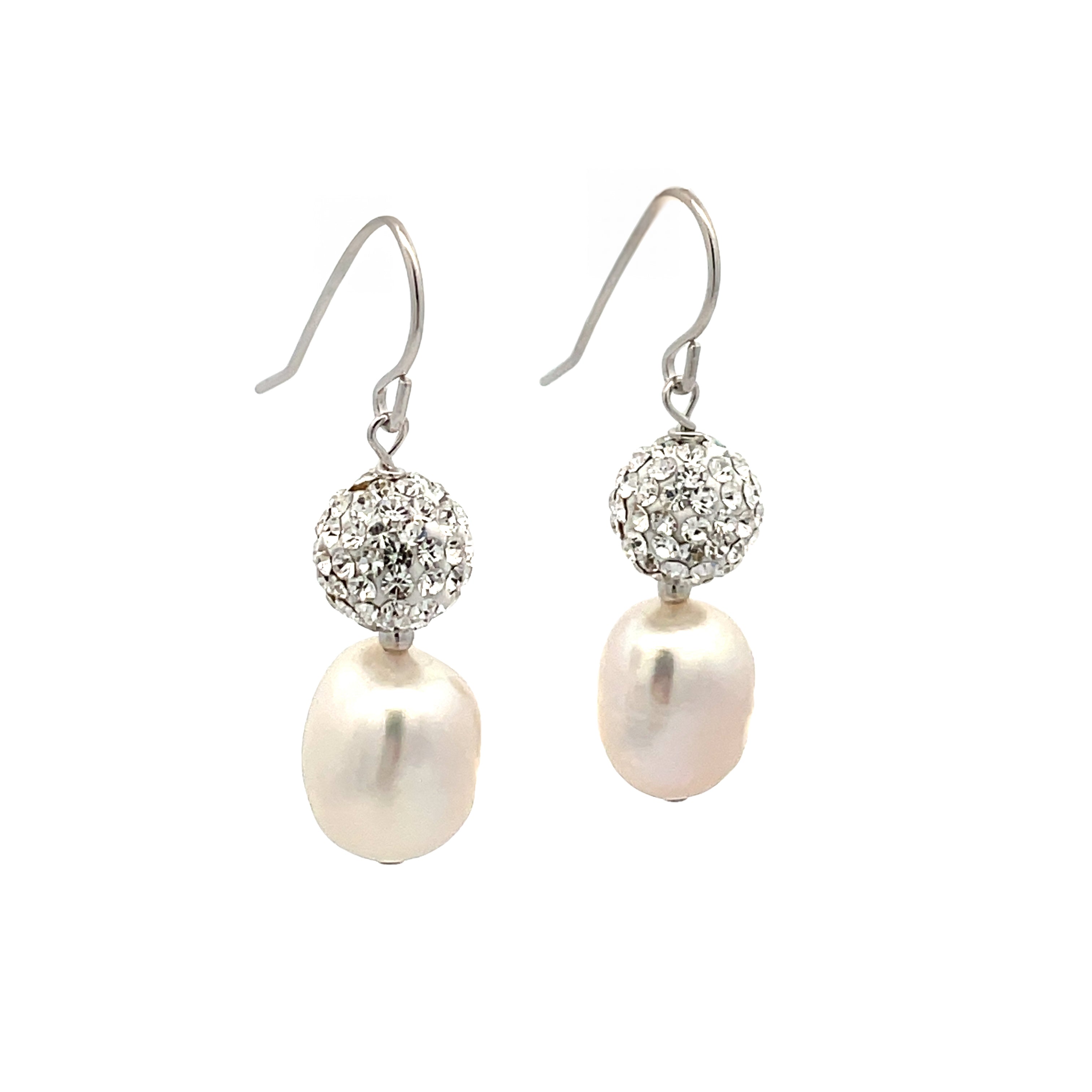 Sterling Silver Freshwater Pearl and Crystal Clay Ball Hook Earrings