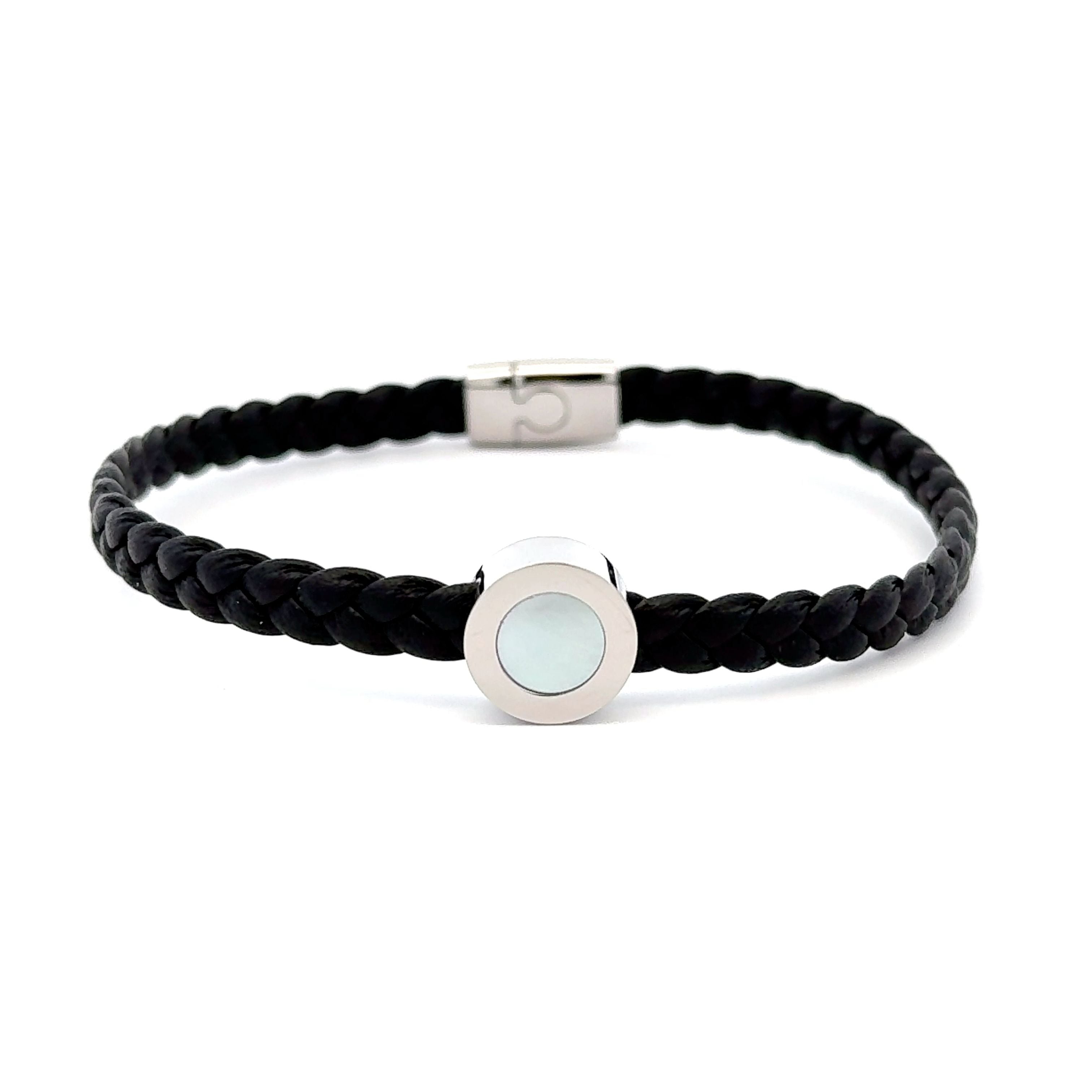 Stainless Steel Braided Black Leather Bracelet with White Mother of Pearl