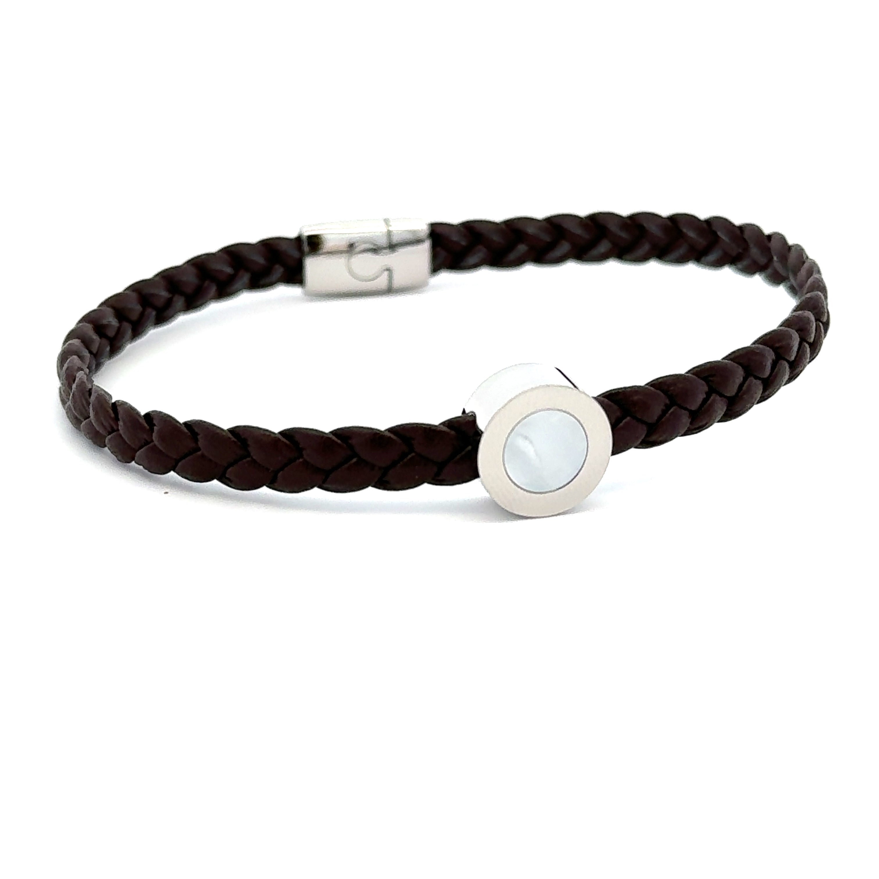 Stainless Steel Braided Brown Leather Bracelet with White Mother of Pearl