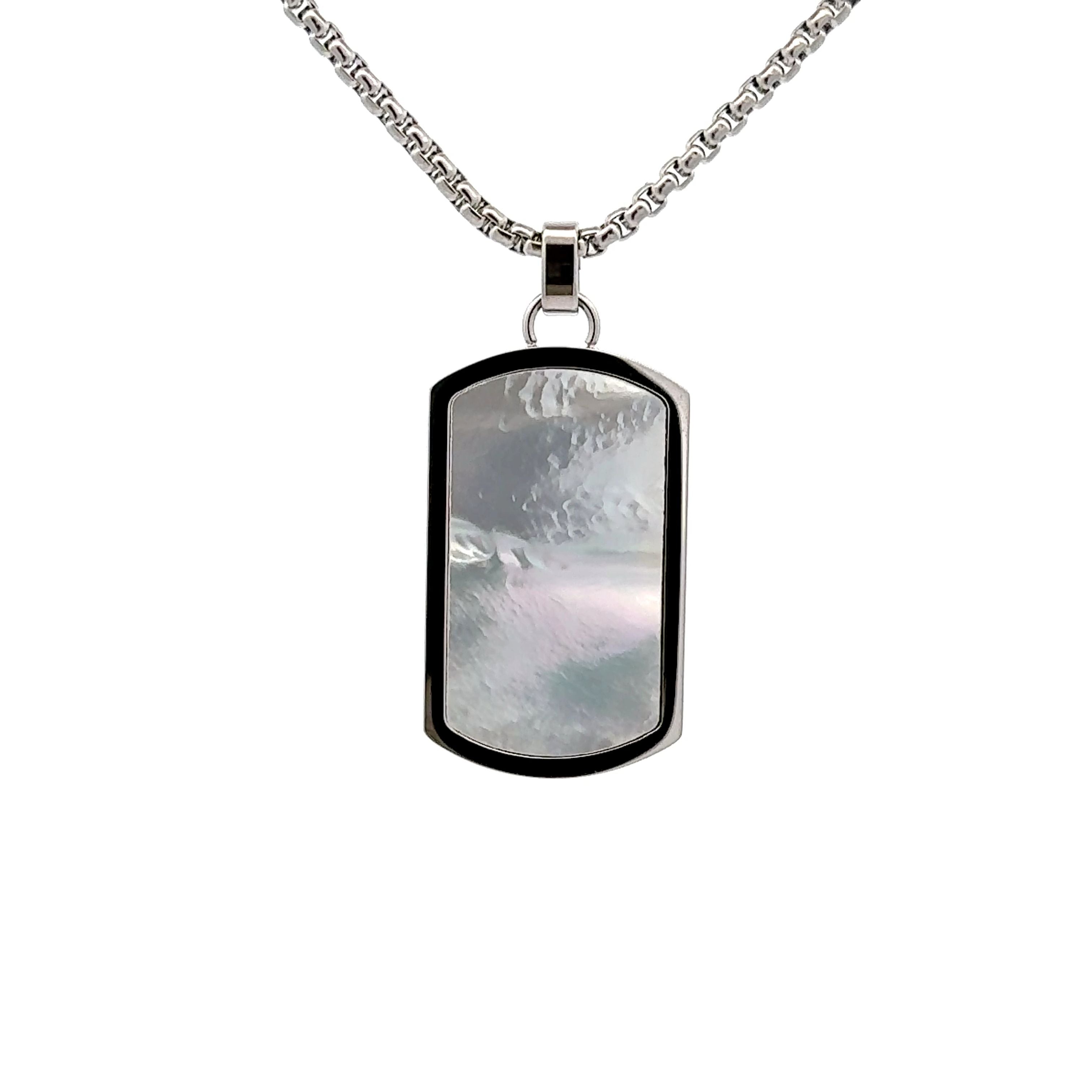 Stainless Steel and White Mother Of Pearl Tag Necklace