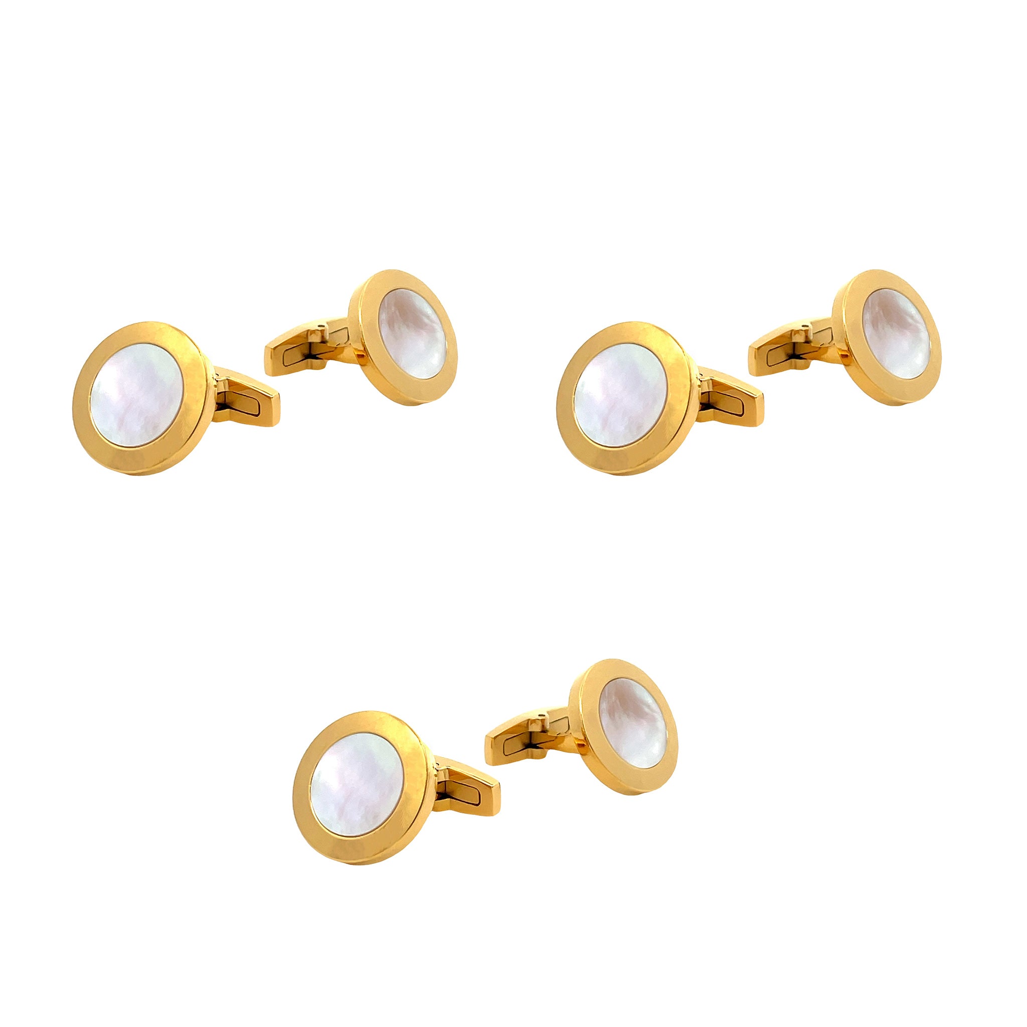 Groomsmen Three Set Bundle - Gold Plated Stainless Steel White Mother Of Pearl Round Cufflinks