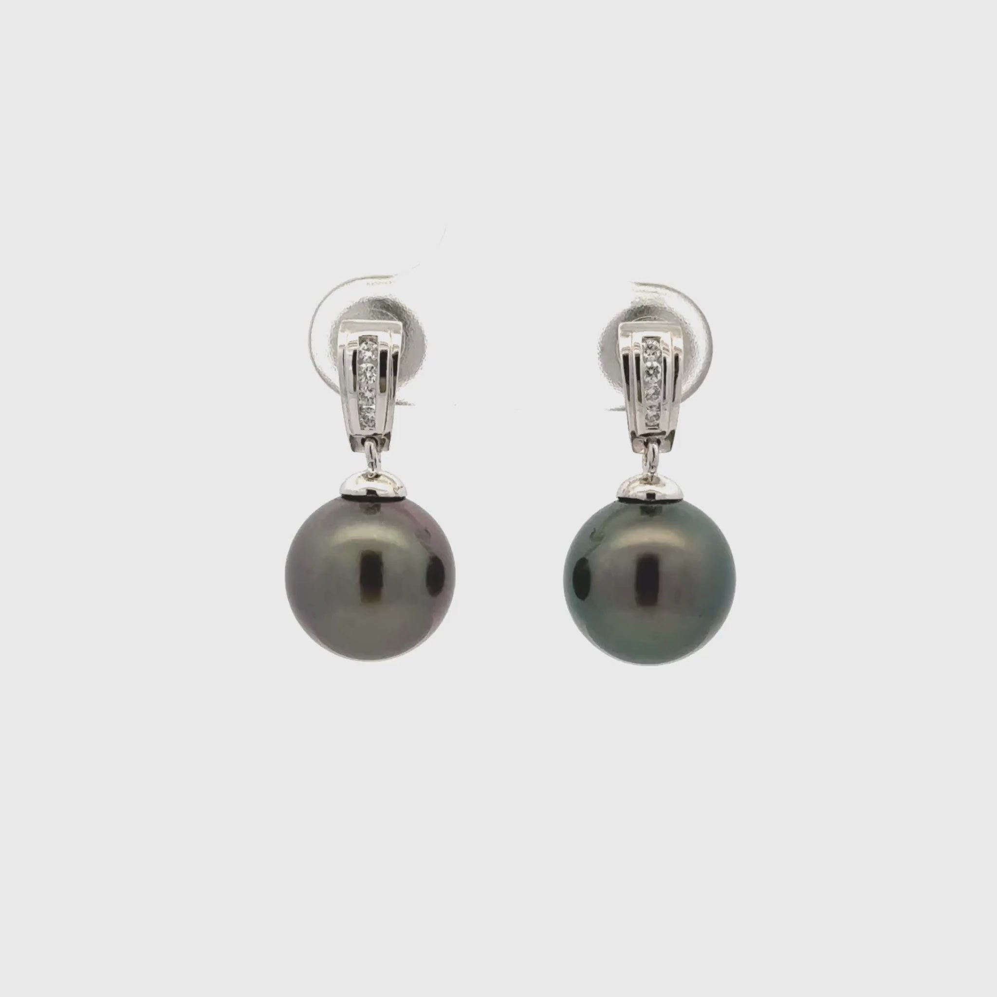 18K White Gold Tahitian 10-11mm Cultured Pearl and Diamond Drop Earrings