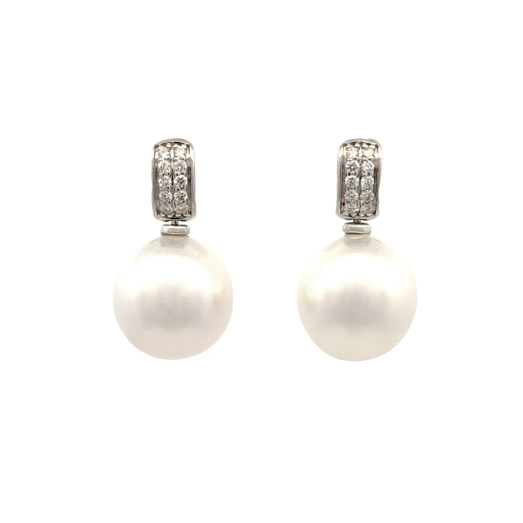 18K White Gold Australian South Sea Cultured 11-12mm Pearl and Diamond Earrings