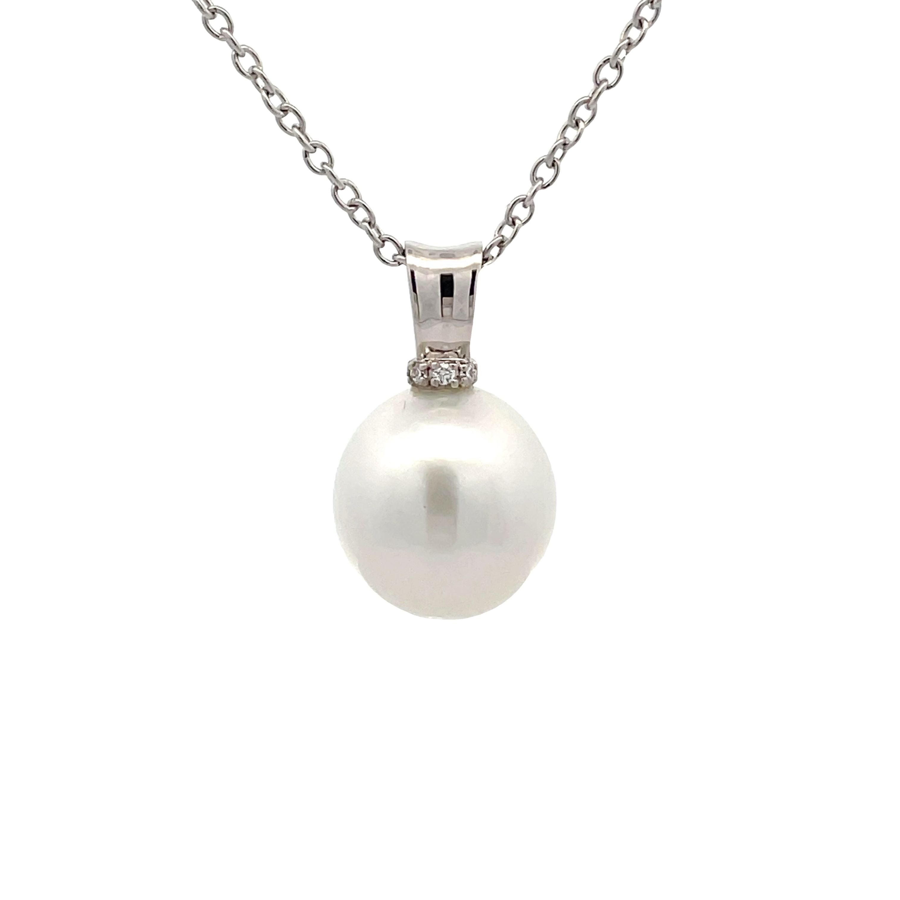 18K White Gold Australian South Sea Cultured 12-13mm Pearl and Diamond Pendant