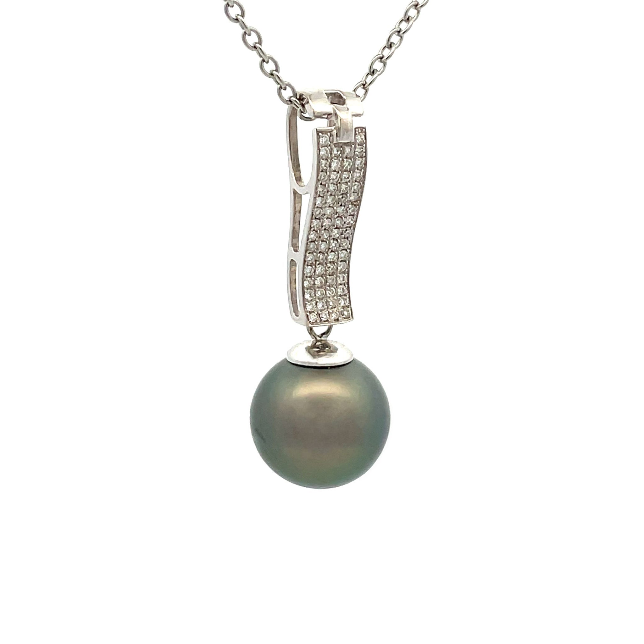 18K White Gold Tahitian Cultured 12 -13 mm Pearl & Diamond Pendant