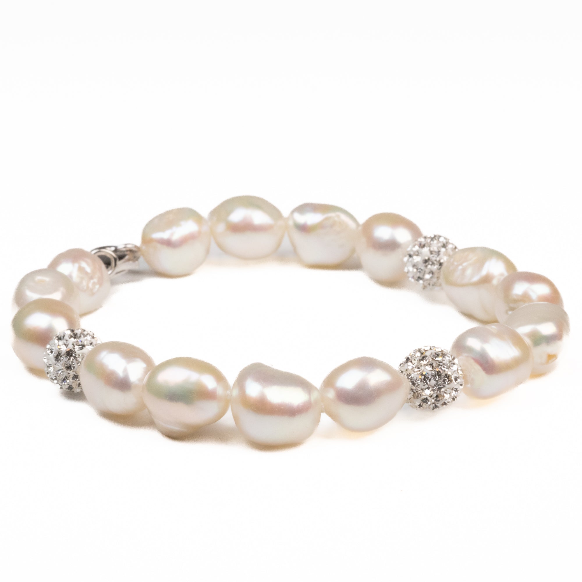 Sterling Silver Freshwater Pearl 9-10mm Bracelet with Crystal Clay Balls